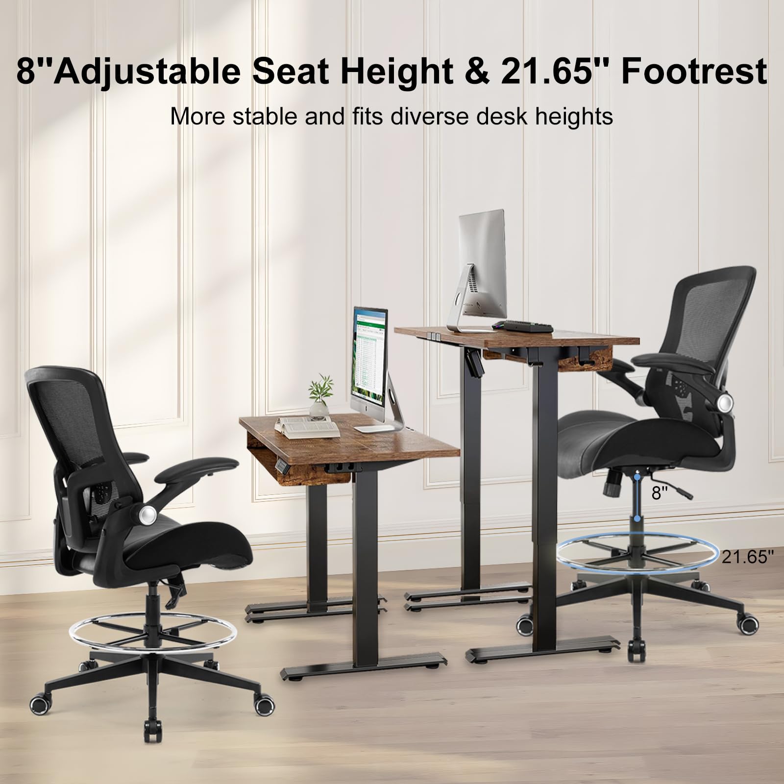 Ergonomic Drafting Chair - Adjustable Height Tall Office Chair with Flip-Up Armrests, Footrest & Lumbar Support - Perfect for Standing Desks, Artists & Drafting Tables - Black