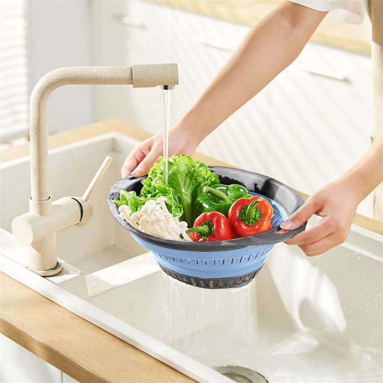 2-Pack Collapsible Silicone Colander - BPA Free, Dishwasher Safe Pasta & Vegetable Strainer with Quick Drainage - Perfect for Cooking, Washing Fruits, and Draining Pasta (Blue)