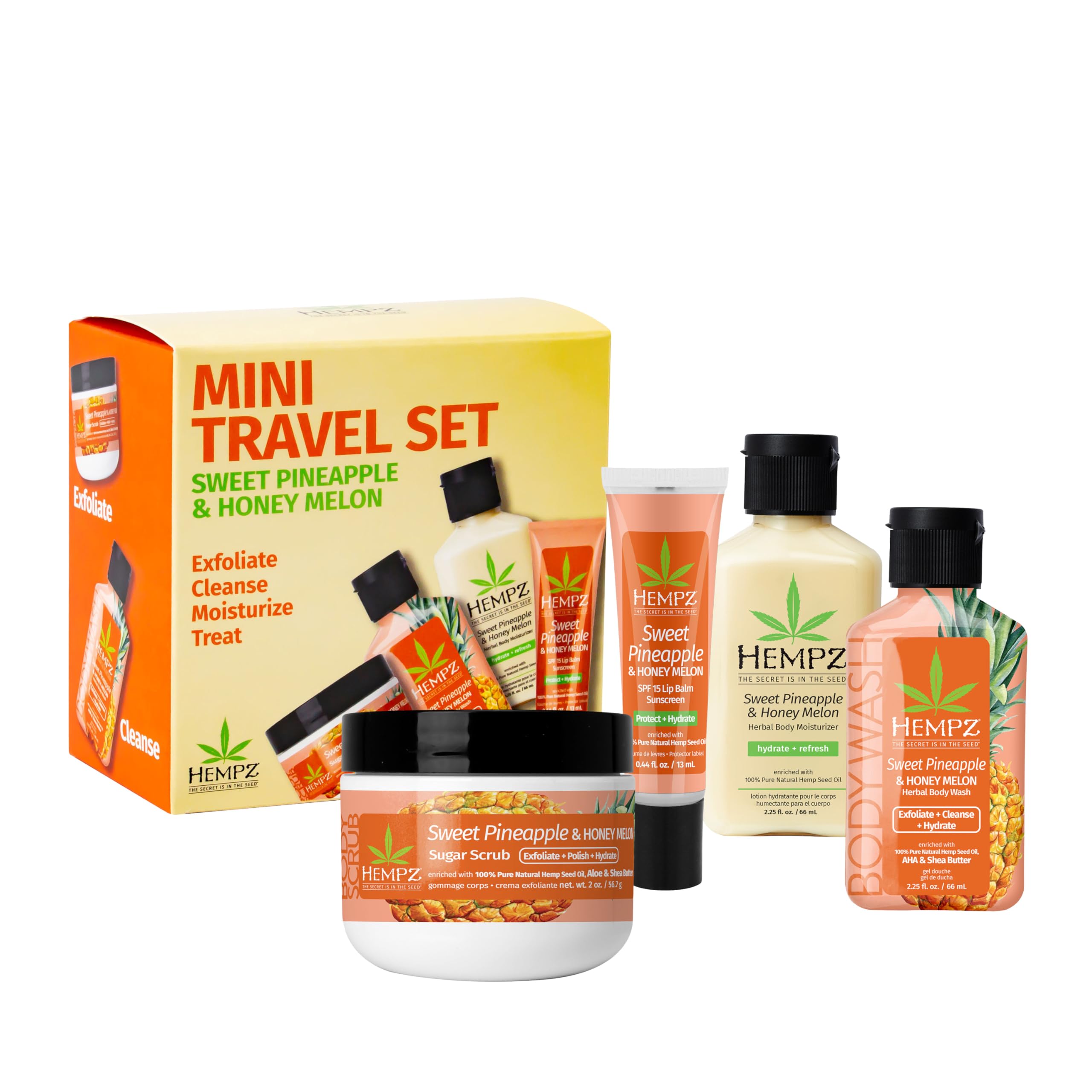 Hempz Mini Sweet Treats Travel Kit - 4 Piece Gift Set with Mini Body Wash, Body Lotion, Body Scrub & Lip Balm in Sweet Pineapple Honeymelon Scent | Perfect for Travel, Gifts & Self-Care Routine