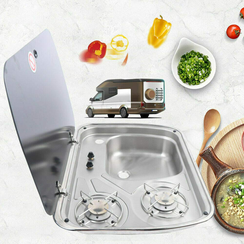 2 Burner Portable Gas Stove for RV, Camper & Boat - Black LPG Cooktop with Tempered Glass Lid & Sink Combo | Outdoor Cooking for Camping, Caravan & Motorhome Adventures