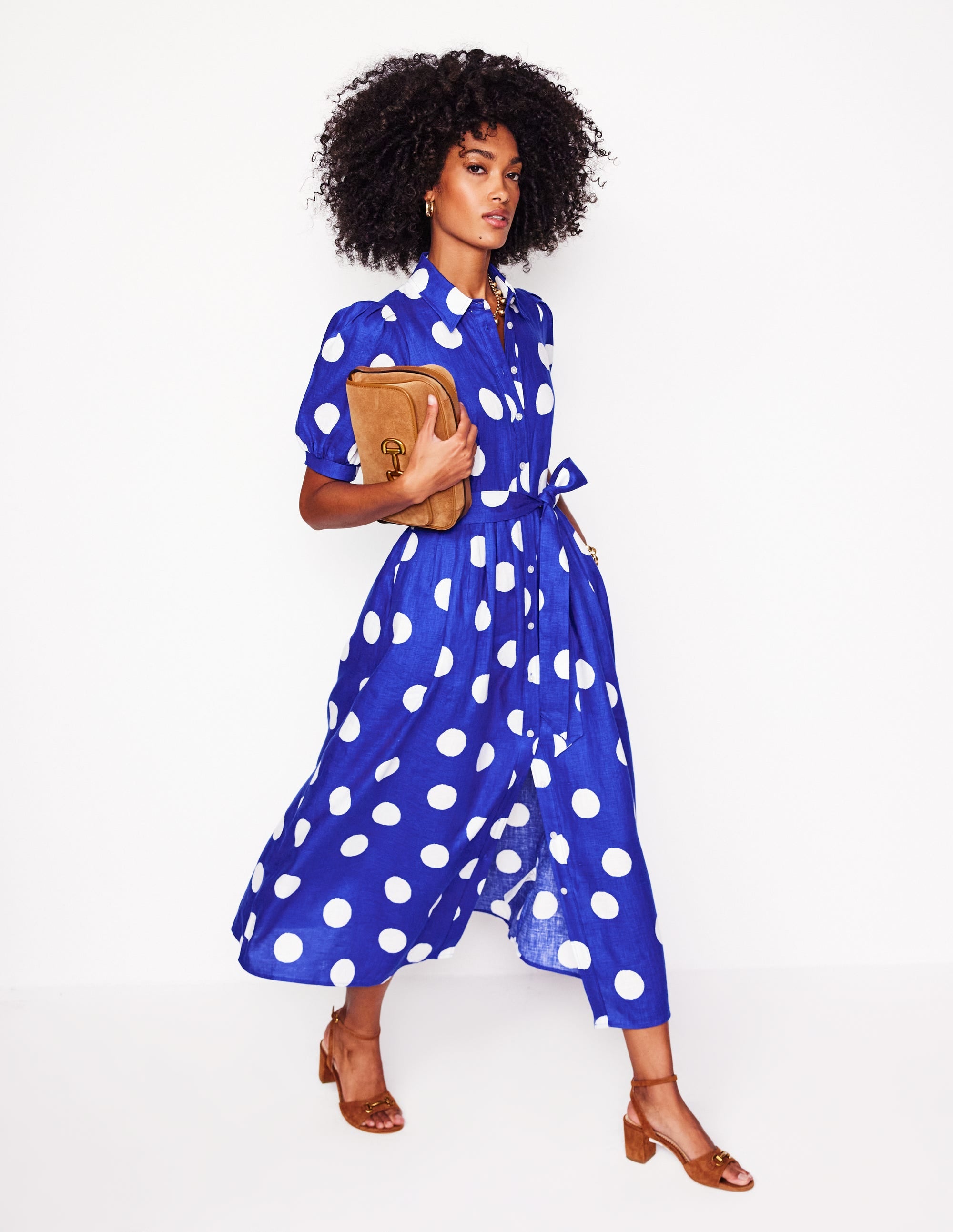 Alexa Linen Maxi Shirt Dress for Women - Bright Blue Abstract Dot Print, Casual Summer Beach Cover Up Dress, Perfect for Vacation, Brunch and Outdoor Activities
