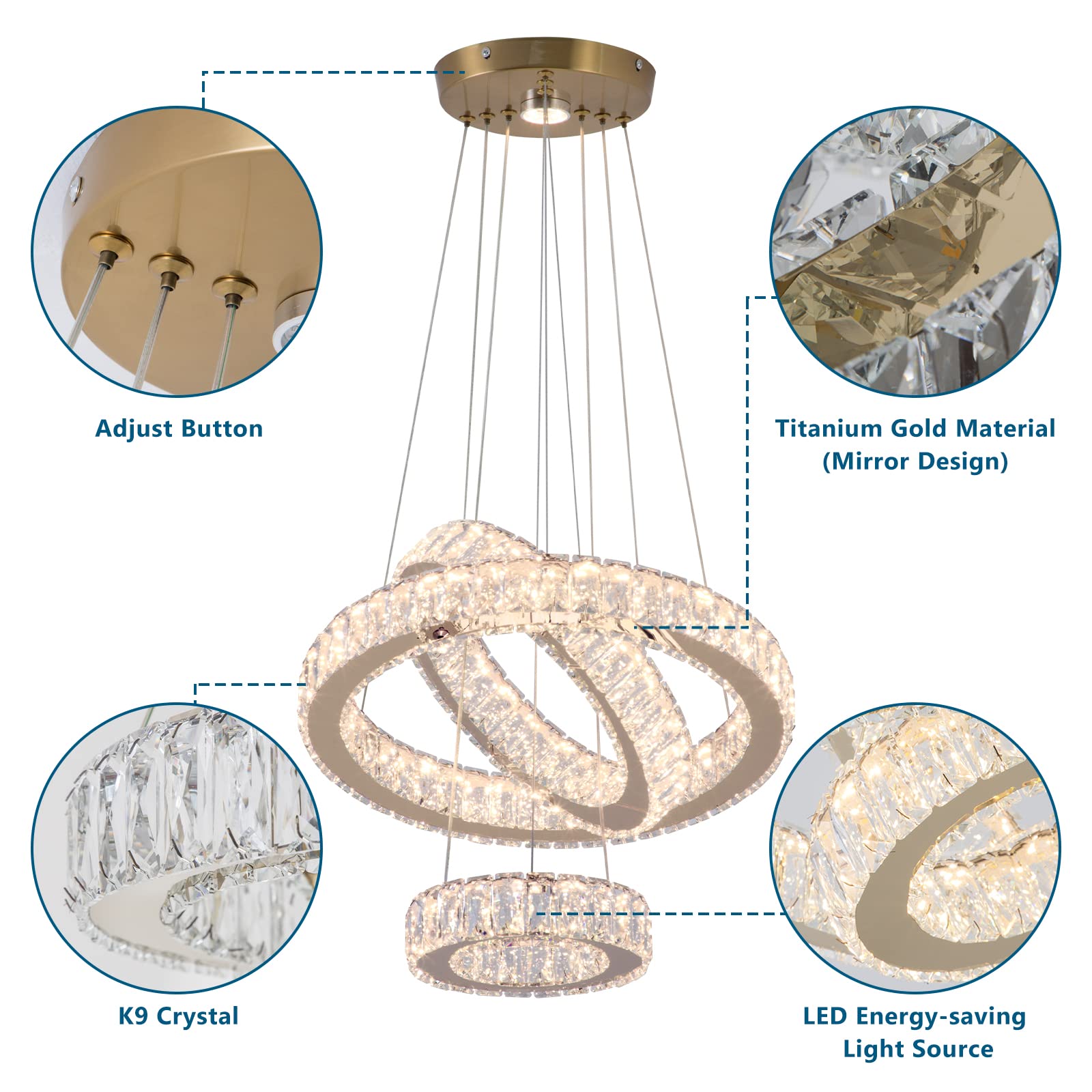 FRIXCHUR 3 Ring LED Chandelier - Modern Crystal Pendant Light Fixture with Gold Finish, 3000K Warm White Lighting for Bedroom, Dining Room, High Ceiling Foyer - Perfect for Romantic Dinners & Luxury Home Decor
