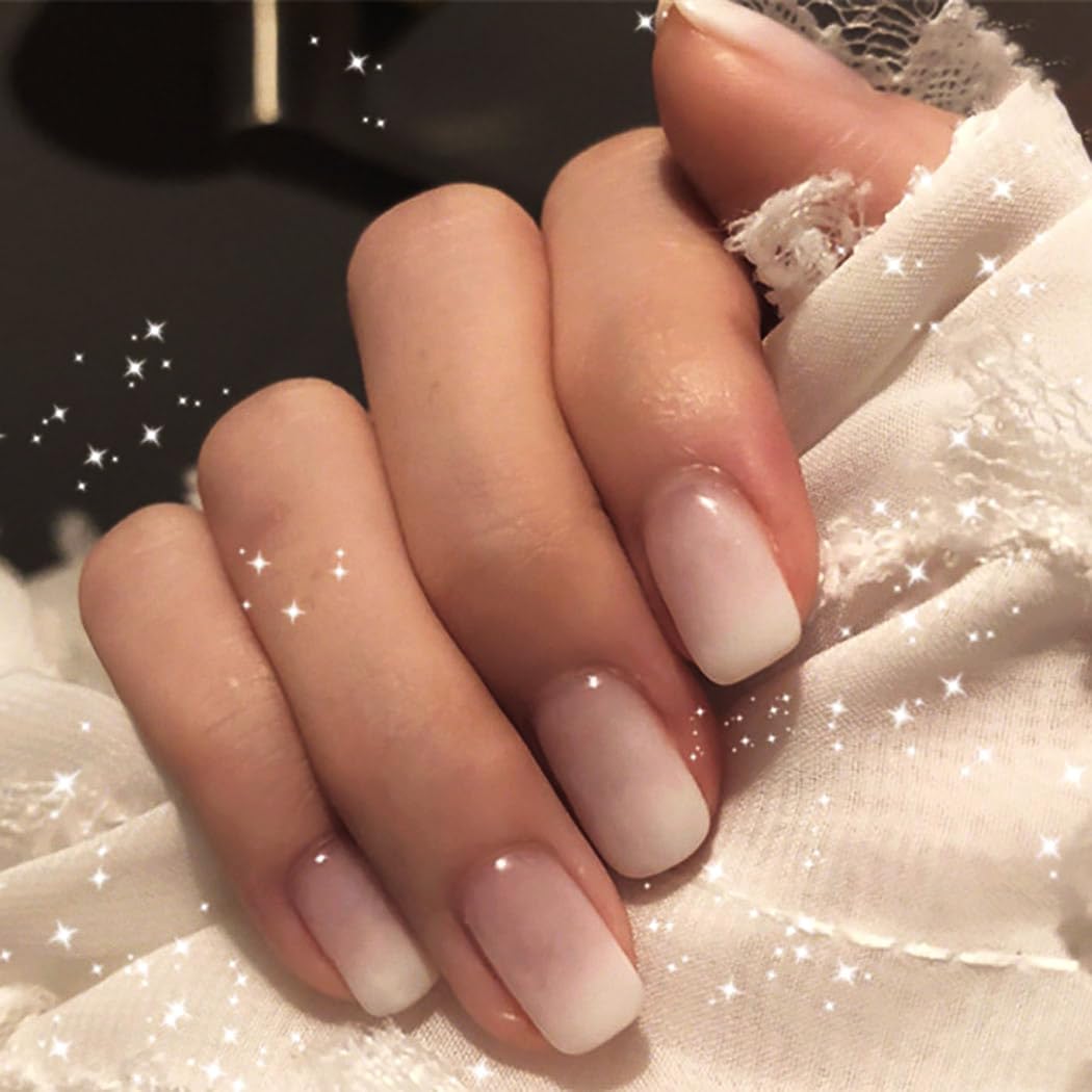 Brishow 24pcs French White Short Press on Nails - Acrylic Gradient Fake Nails with Full Cover Stickers for Women & Girls - Perfect for Parties, Weddings, and Daily Wear