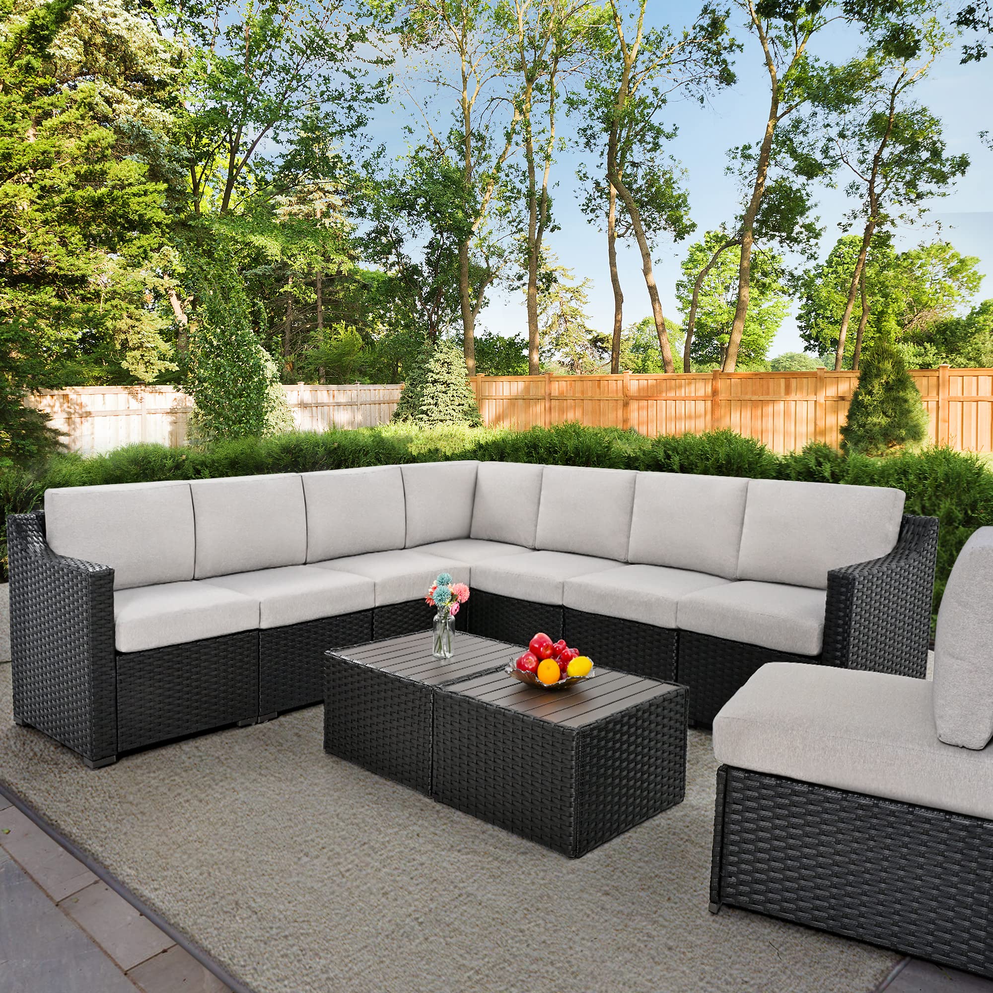HAPPATIO 10-Piece All-Weather Patio Conversation Set - Brown/Gray Rattan Wicker Outdoor Sectional Sofa with Thick Cushions, Multiple Configuration Options & Easy Setup - Perfect for Backyard, Garden, Poolside & Outdoor Lounge Areas