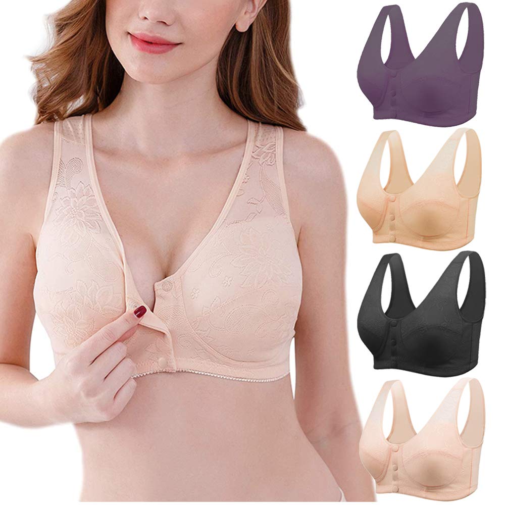 1/2/3 Pack Women's Comfortable Front Closure Wireless Bras - Soft Cotton Lace Bralette for Everyday Wear | Perfect for Yoga, Sleeping & Lounge Wear
