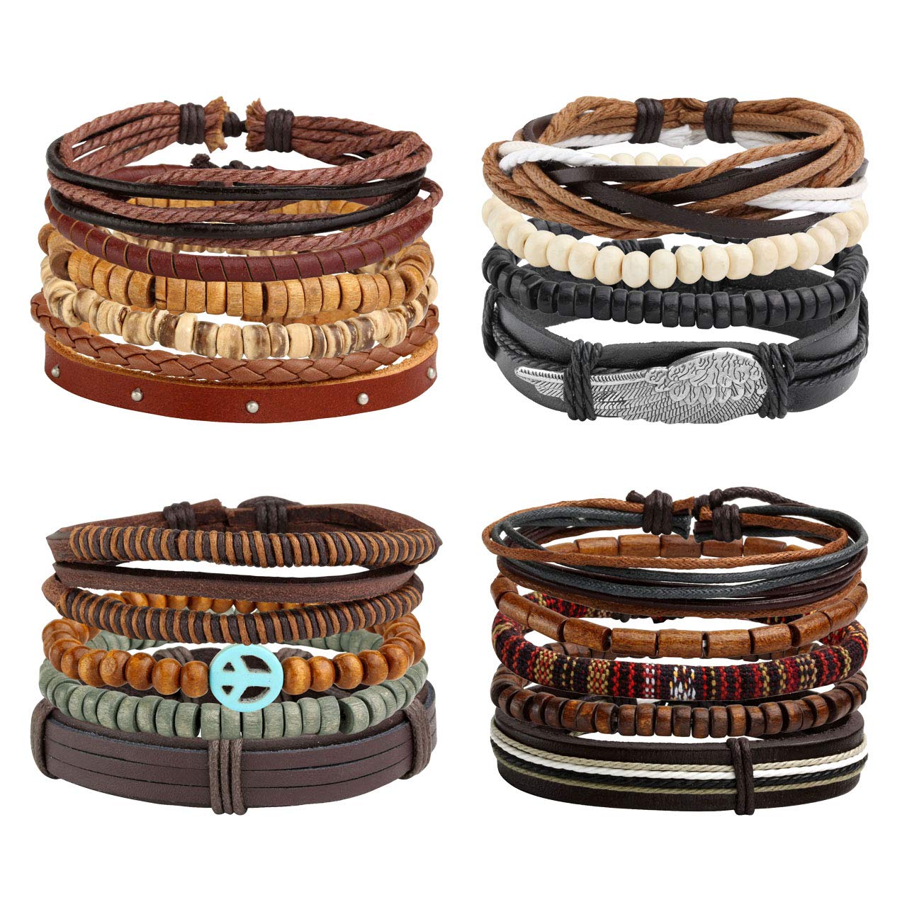 Manfnee 6-12PCS Braided Faux Leather Bracelet Set - Punk Cuff Wrap Bracelets for Men & Women - Adjustable Wristbands for Casual Wear, Music Festivals & Boho Style
