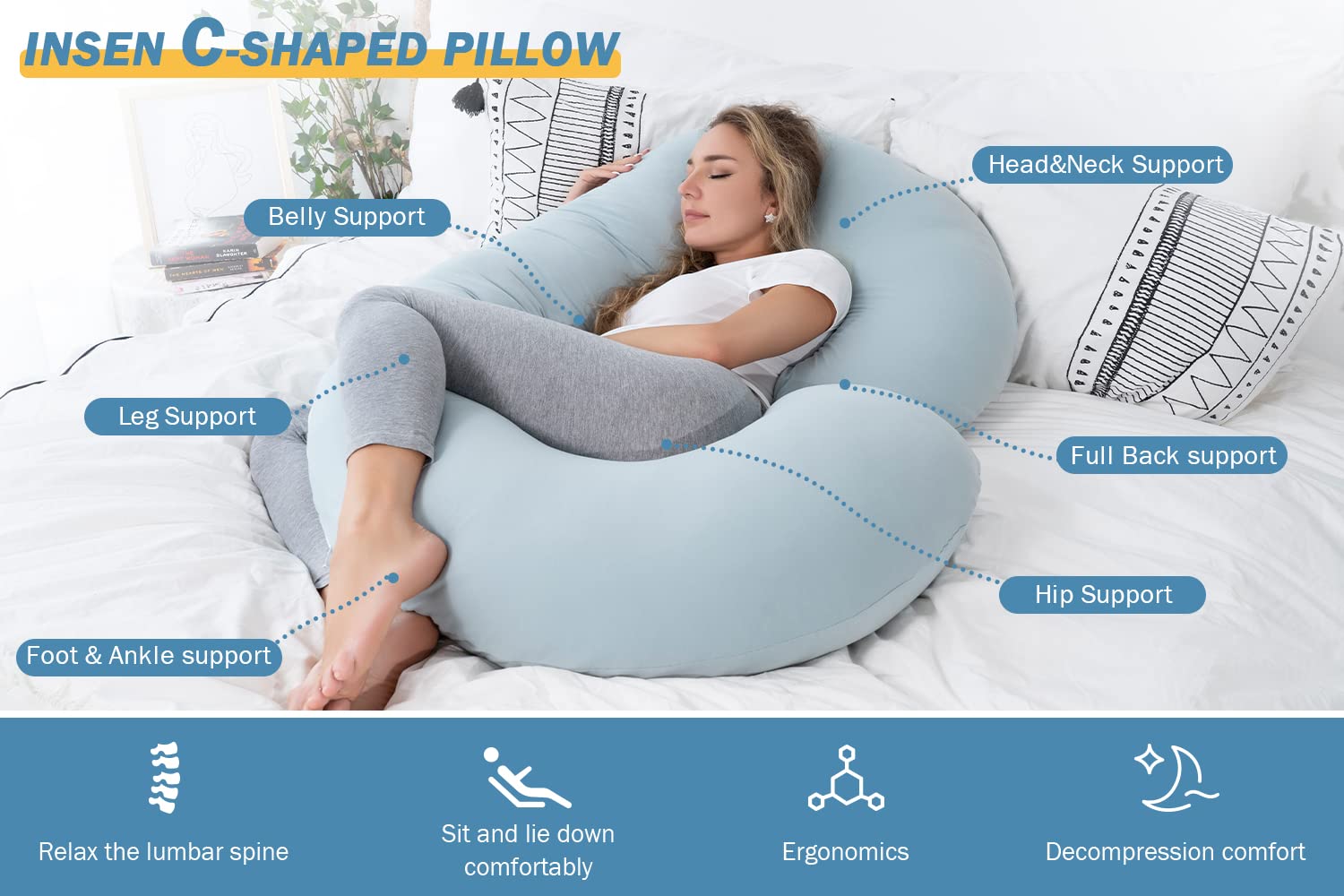**INSEN Pregnancy Pillow - C-Shaped Maternity Body Pillow with Soft Velvet Cover for Side Sleepers & Back Pain Relief - Green Jersey Fabric for Comfortable Pregnancy Sleep Support**    *(Perfect for Pregnant Women, Nursing Moms & Postpartum Recovery - Full Body Support for Better Sleep & Relaxation)*