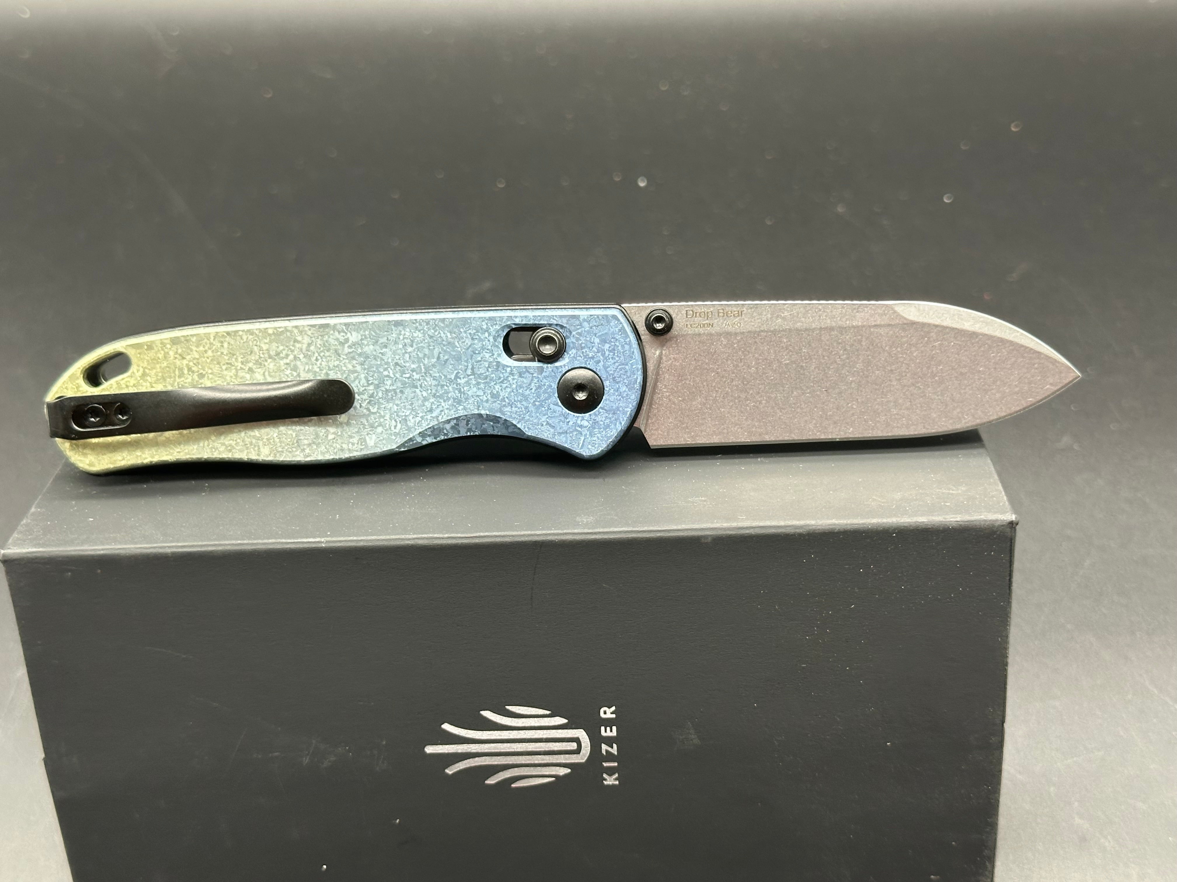 Kizer Azo Drop Bear Clutch Lock Folding Knife - Titanium Handle with 3 Stonewash Finish - EDC Pocket Knife for Camping, Hiking & Outdoor Adventures