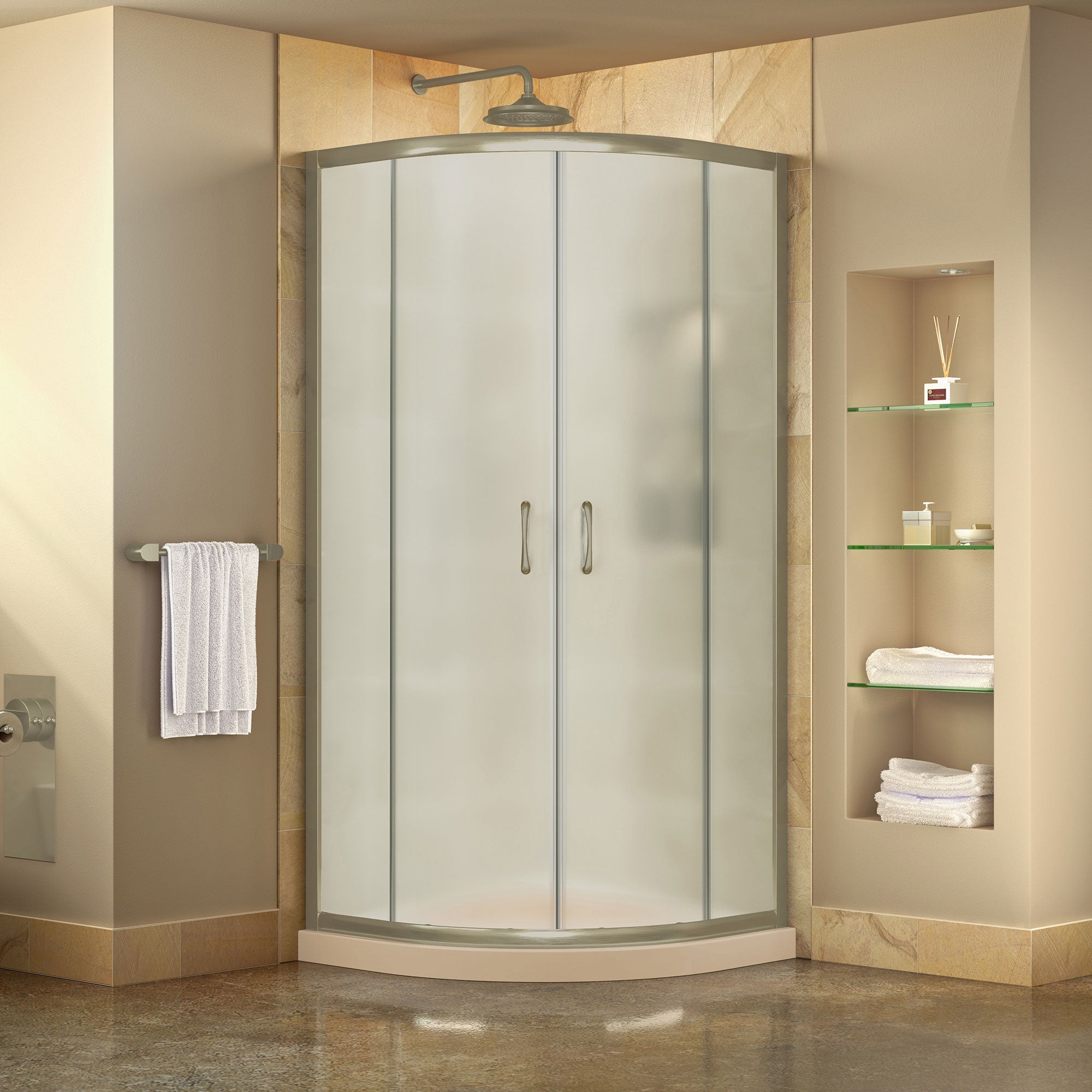 DreamLine Prime 33x33x74.75 Inch Corner Sliding Shower Enclosure with SlimLine Base Kit - Frosted Glass for Bathroom Remodel & Space Saving Design