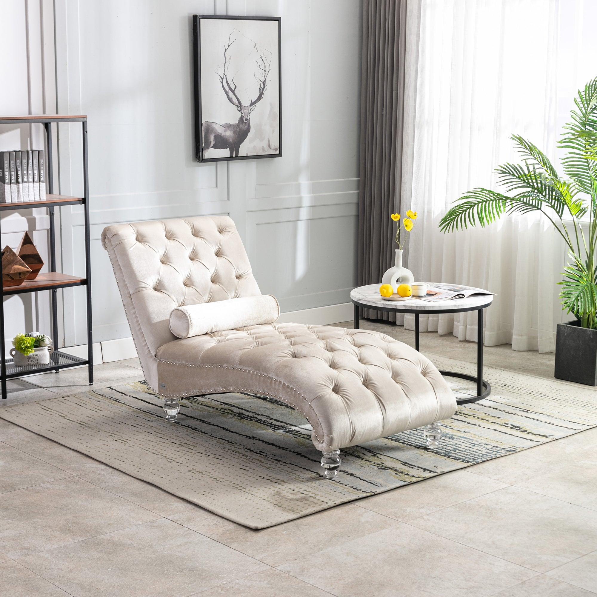 Luxury Velvet Chaise Lounge Chair - Button Tufted Upholstered Sofa with Pillow for Bedroom, Living Room & Office - Elegant Beige Velvet - Perfect for Relaxing, Reading & Home Decor