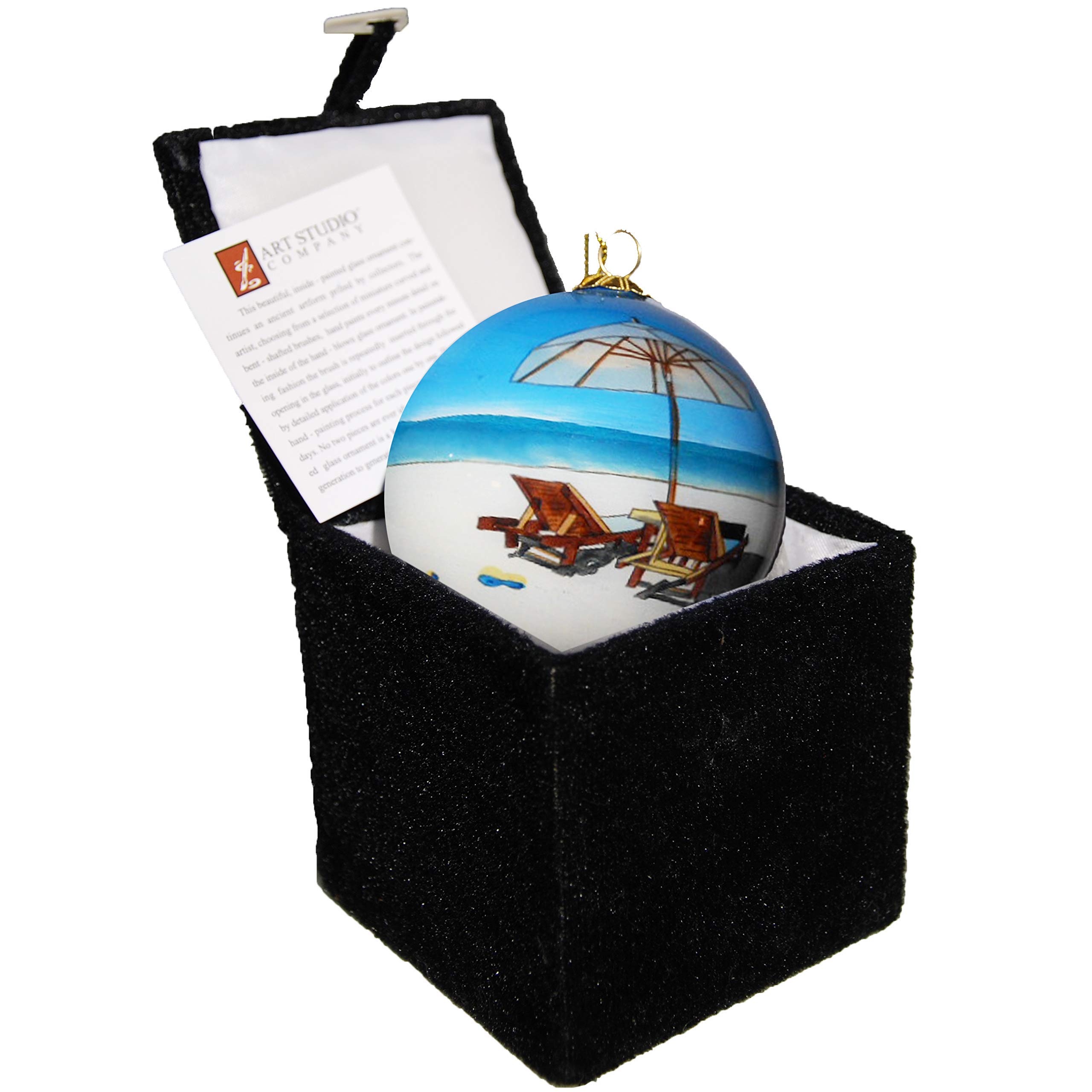 Hand-Painted Blown Glass Christmas Ornament - Beach Chairs & Lifeguard Stand Sanibel Design | Original Holiday Artwork with Gift Box | Perfect for Beach-Themed Christmas Trees & Coastal Home Decor