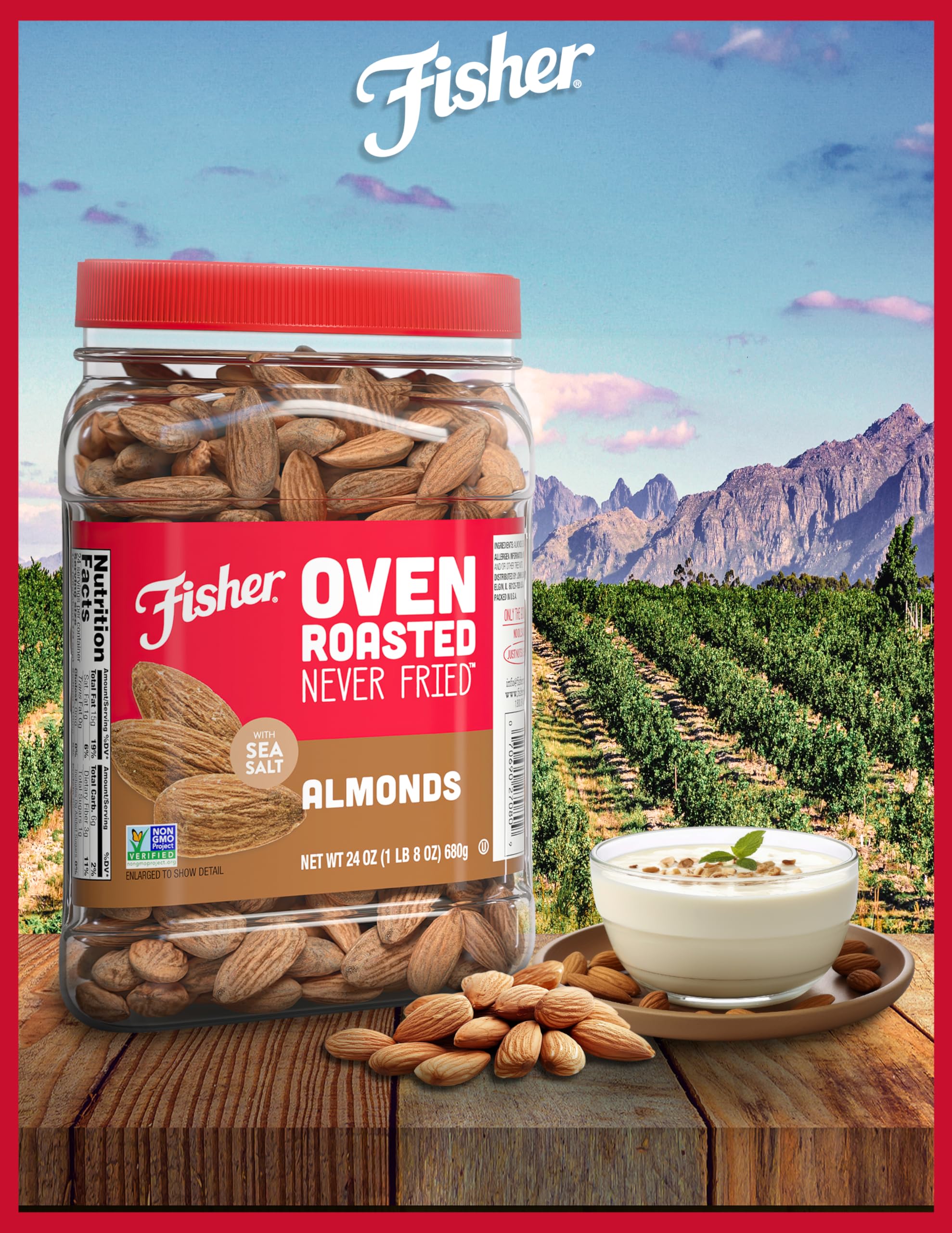 Fisher Oven Roasted Almonds, 24oz (Pack of 1) - Heart Healthy Snack with Sea Salt, No Oil, Gluten Free, Vegan Protein - Perfect for Office Snacks, Travel & Healthy Lifestyle