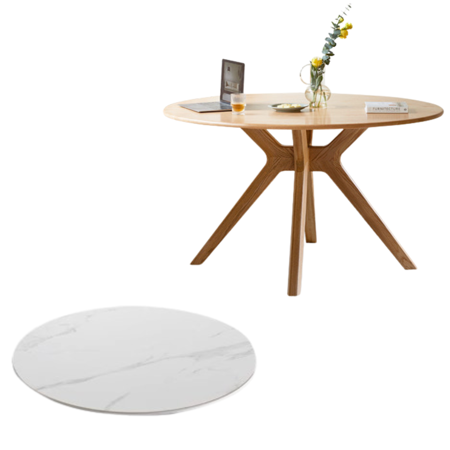 51.1x51.1x29.1 inch / 130x130x74.8 cm / Natural Wood Color / Dining table + stone plate