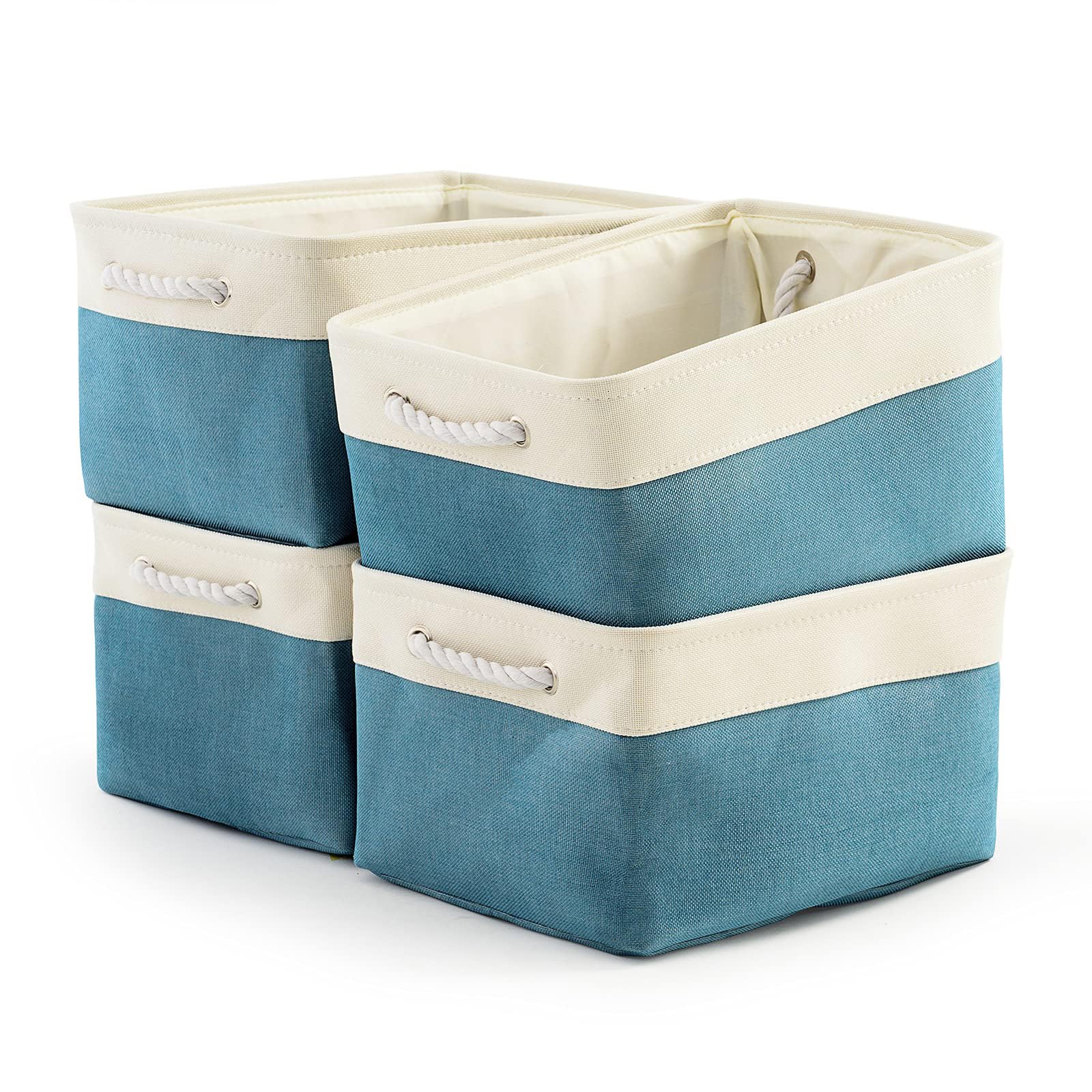 TcaFmac 4-Pack Large Fabric Storage Bins & Collapsible Baskets with Rope Handles - 16x12x8 Inch Organizer for Shelves, Closet, Toys (White & Green) | Perfect for Home Organization, Nursery, and Office Storage