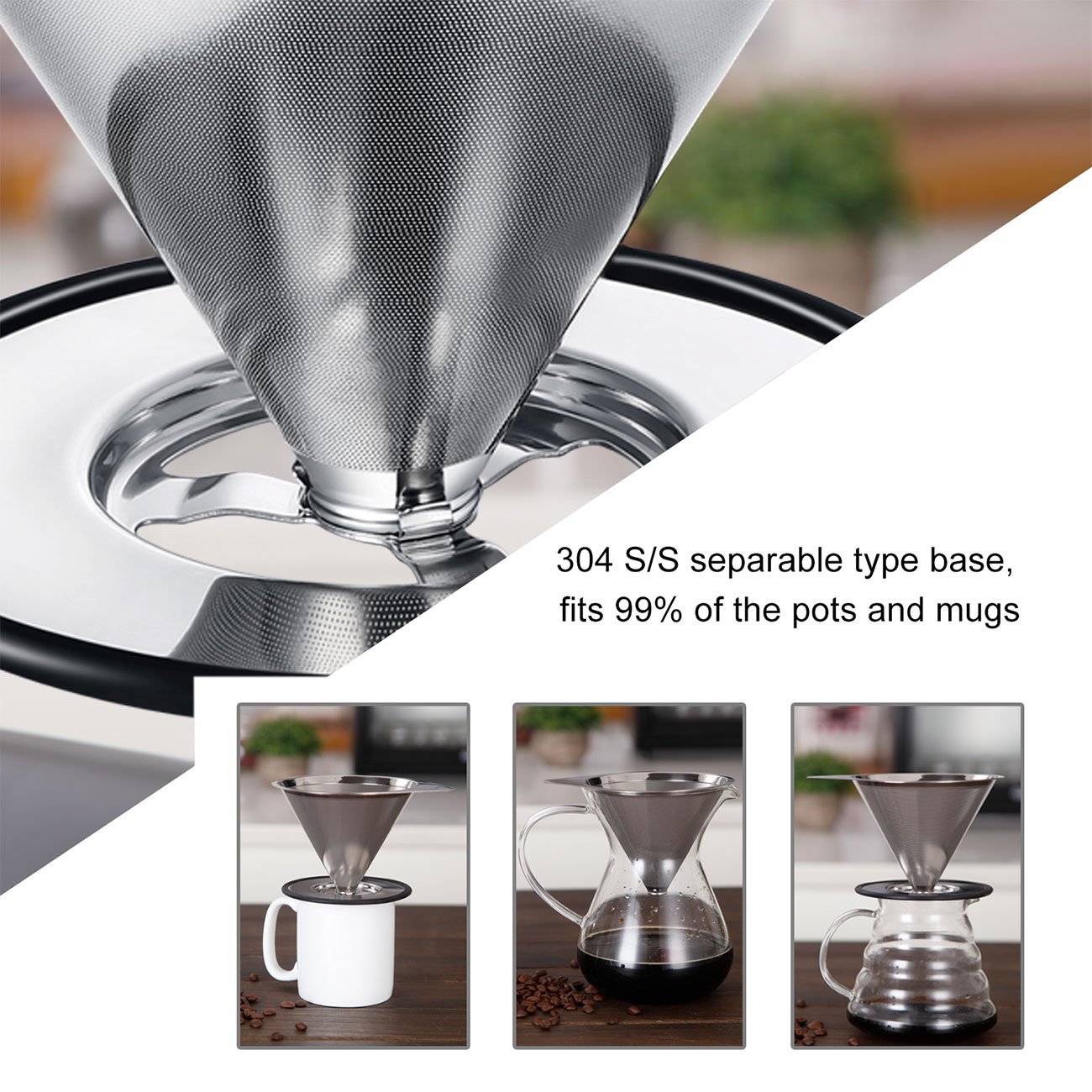 Premium Stainless Steel Pour Over Coffee Dripper - Reusable Metal Cone Filter for 1-4 Cups | Paperless Single Cup Coffee Maker with Non-Slip Stand & Cleaning Brush | Perfect for Home, Office & Camping Brewing