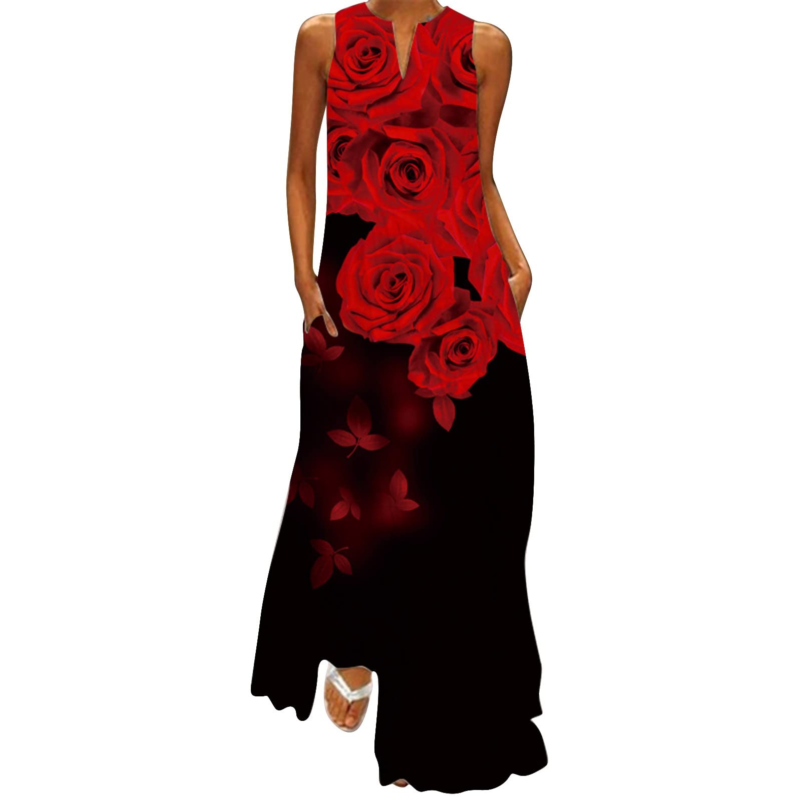 iQKA Women's Summer Casual Sleeveless V-Neck Maxi Long Sundress with Pockets - Beach Cover Up, Vacation Dress, Boho Chic Outfit for Pool Party & Tropical Getaway