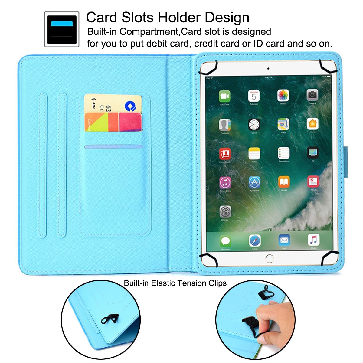 10 Inch Universal Tablet Case - Premium Leather Folio Stand Cover with Pocket for iPad, Galaxy, Kindle, Huawei, Lenovo, Android & Dragon Touch 9.6-10.5