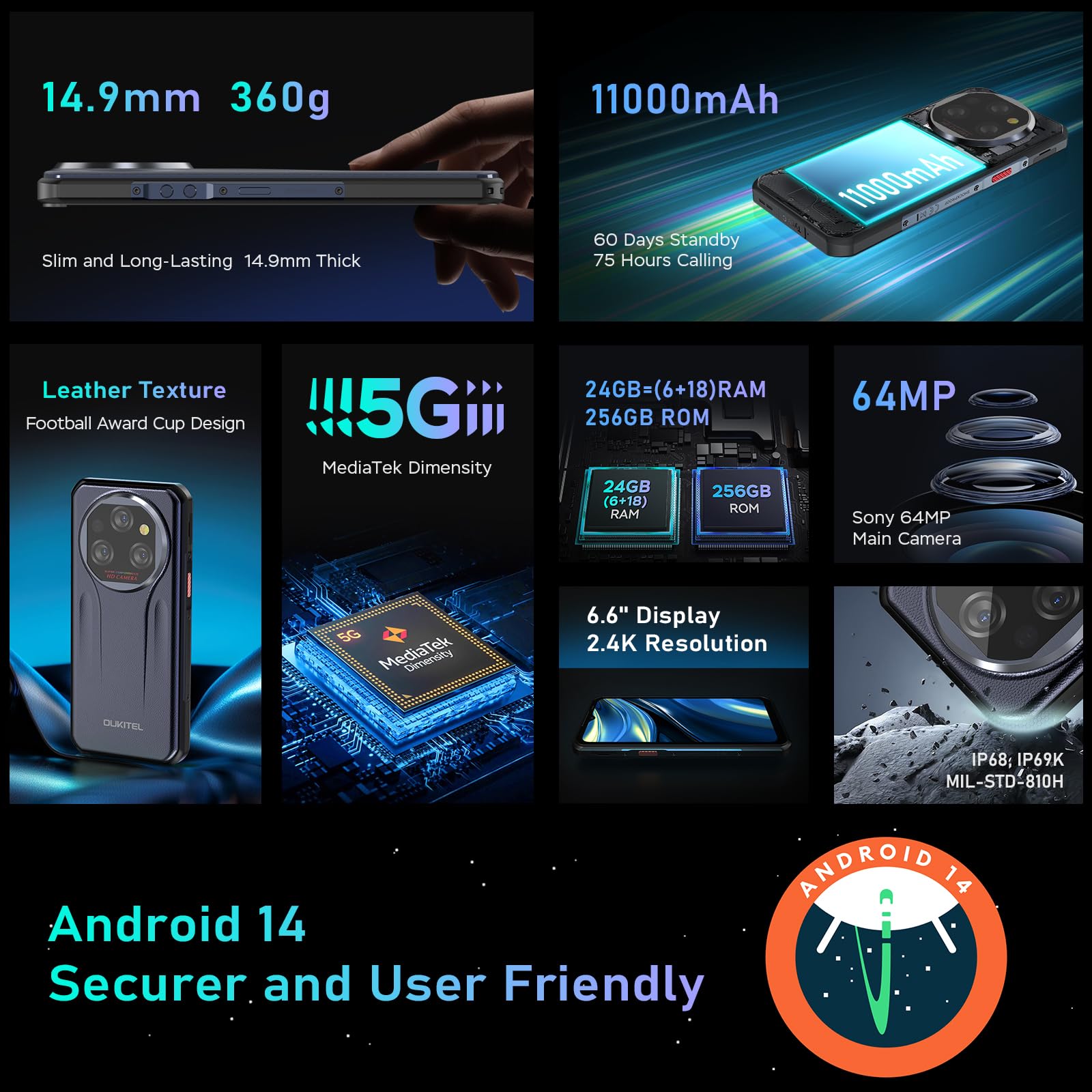 OUKITEL WP39 Rugged 5G Smartphone - 24GB RAM (6+18), 256GB/2TB Storage, Android 14 - 11000mAh Battery, 18W Fast Charging - 6.6