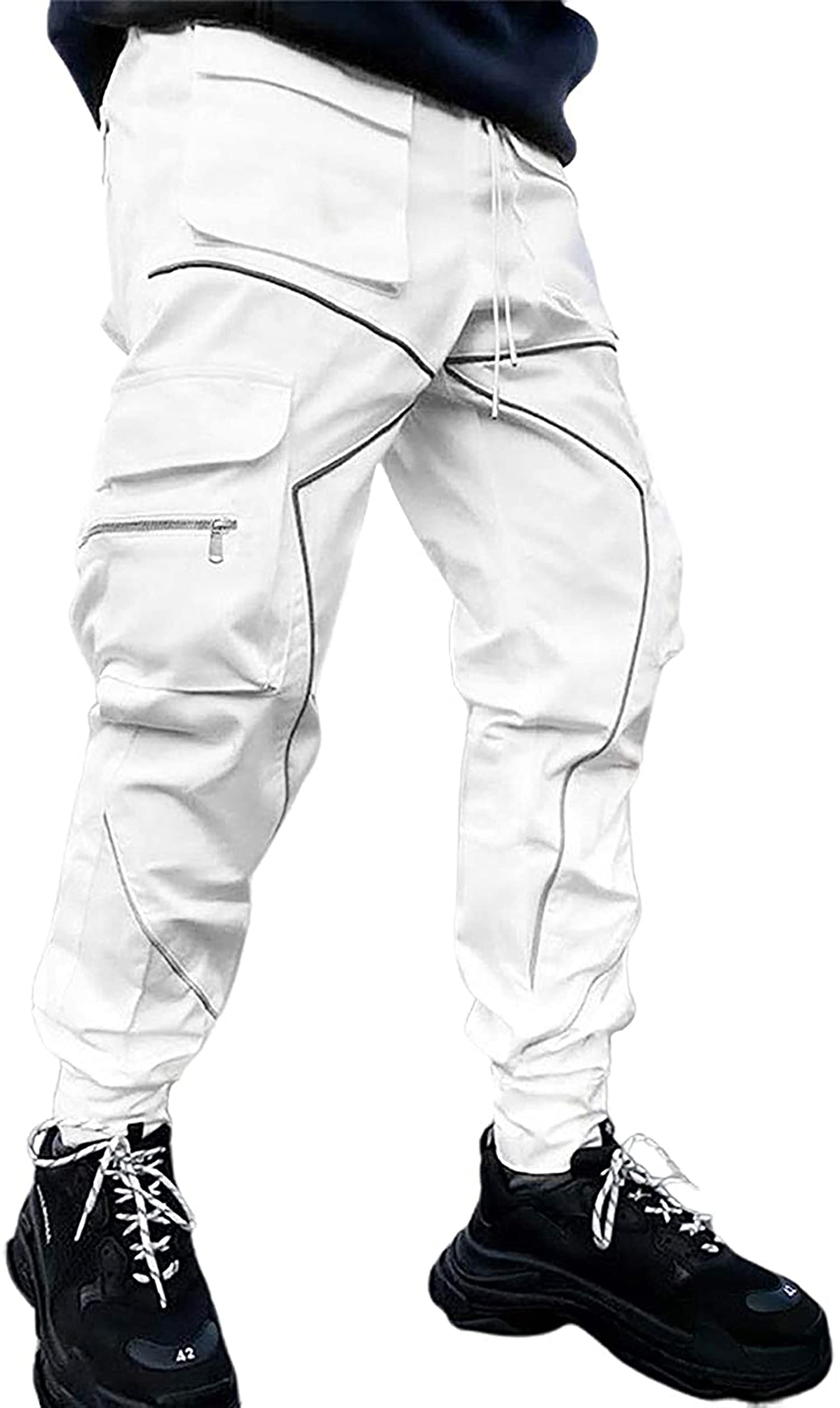 MOKEWEN Men's Reflective Casual Punk Jogger Cargo Pants with Multiple Pockets - Stylish Streetwear for Running, Hiking & Night Outfits