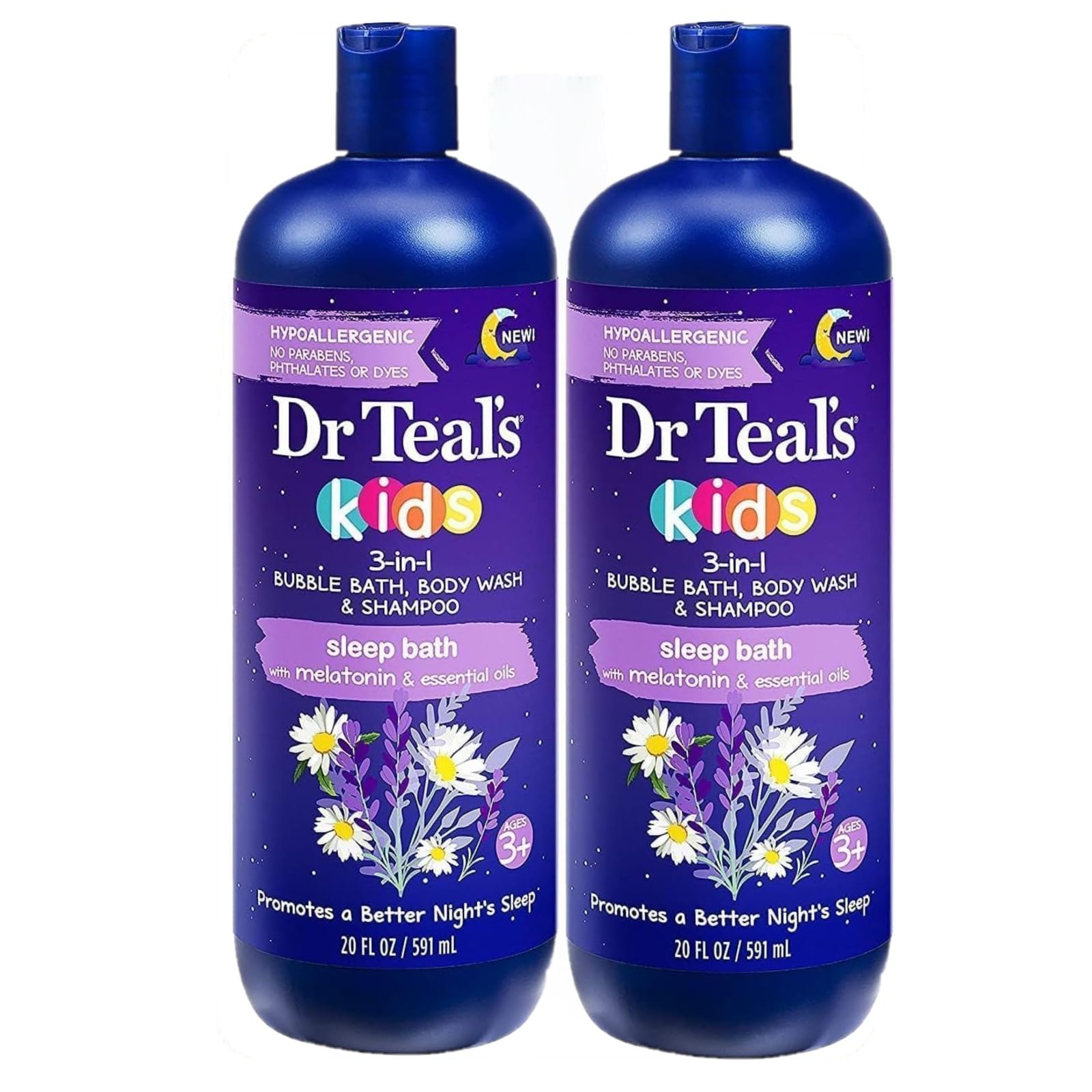 Dr. Teal's Kids 3-in-1 Foaming Bath Gift Set (2 Pack, 20oz Each) - Bubble Bath, Body Wash & Shampoo with Melatonin & Epsom Salt - Hypoallergenic & Nourishing Essential Oils - Perfect for Relaxing Bedtime Routine & Sensitive Skin Care