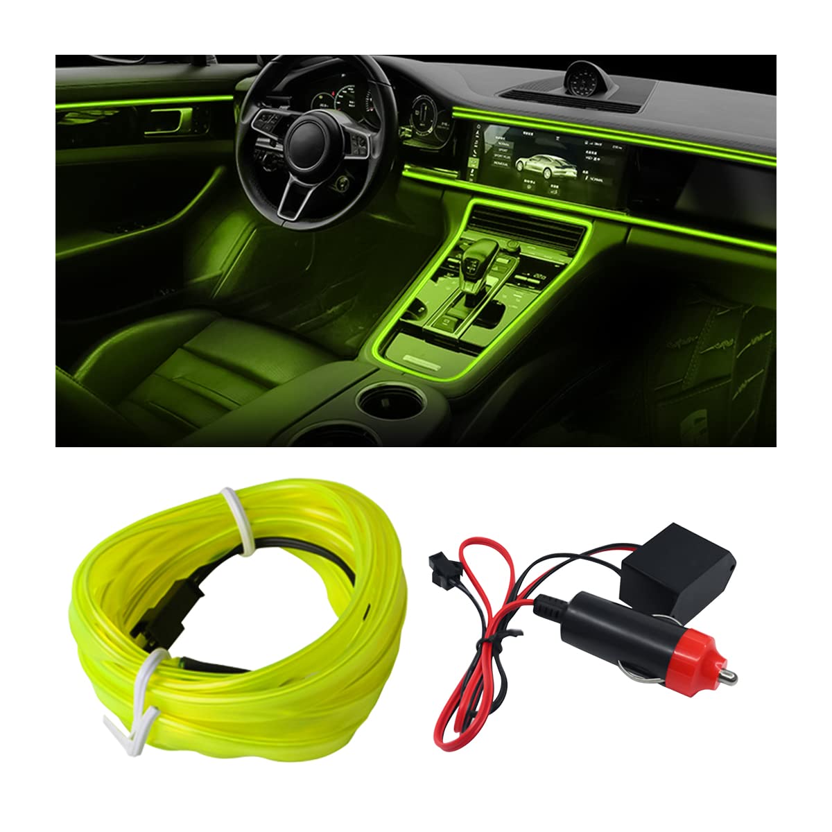 EL Wire Car Interior LED Strip Lights - 16FT Neon Light with Sewing Edge for Auto Cigarette Lighter | Electroluminescent Ambient Lighting Kit with Fuse Protection | Perfect for Car Decoration, Night Driving & Interior Accent Lighting (Light Green)