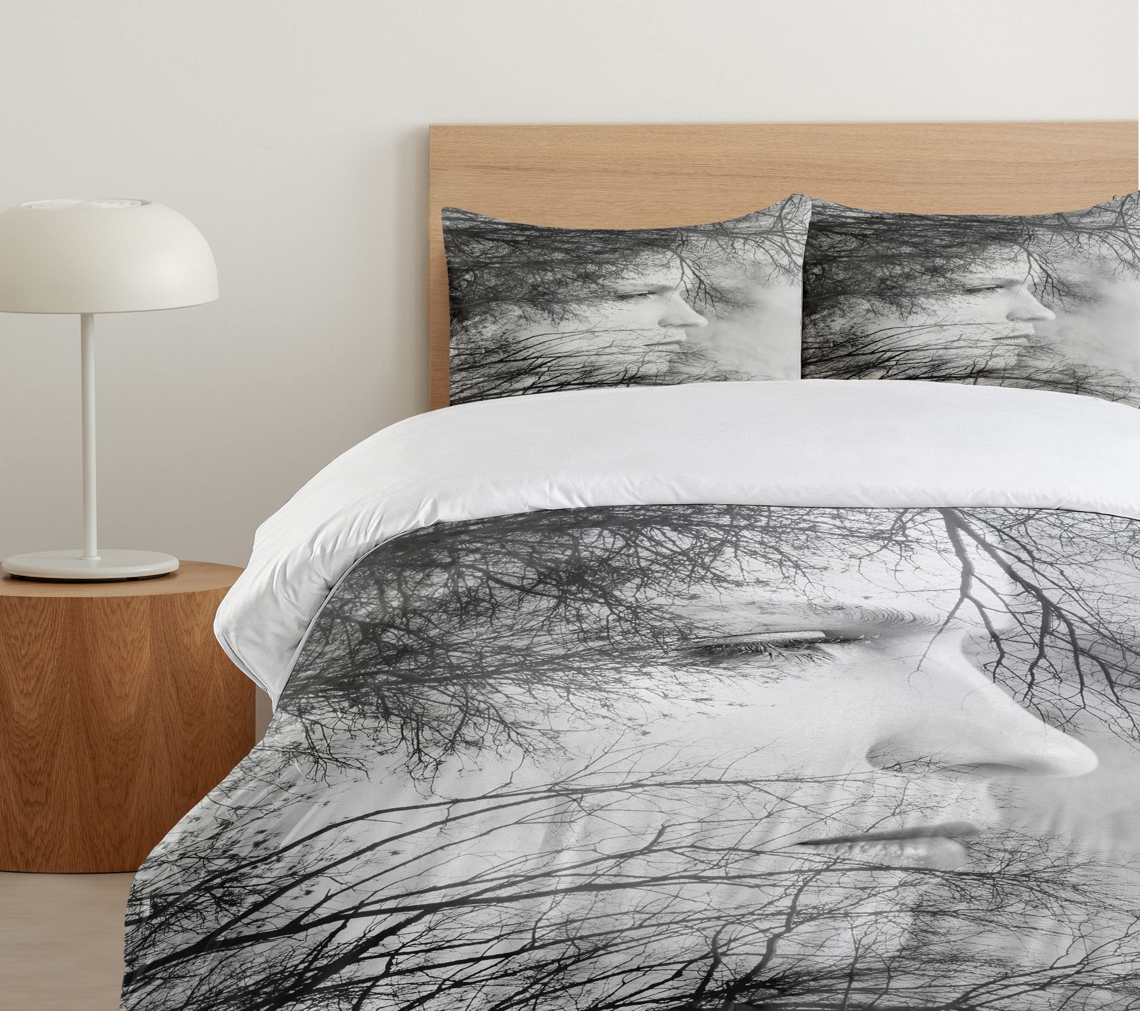 Ambesonne Black and White Duvet Cover Set - Queen Size 3-Piece Bedding with Double Exposure Print of Woman Face Among Tree Branches, Includes 2 Pillow Shams | Modern Home Decor for Master Bedroom, Guest Room & Dorm | Soft & Stylish Black White Design