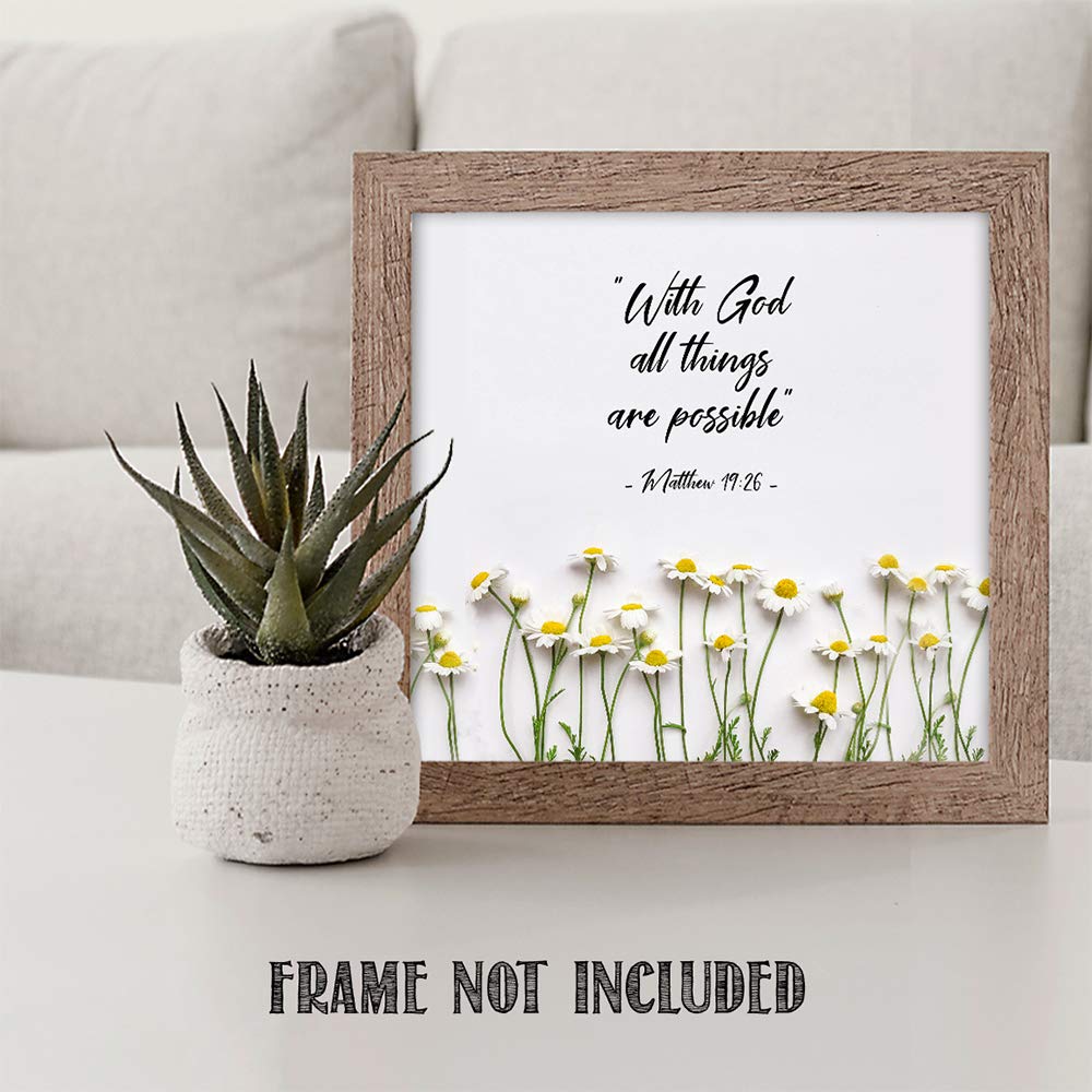 TJ Originals - Matthew 19:26 Bible Verse Wall Art - 'With God All Things Are Possible' Christian Scripture Print - 11x14 Inspirational Home Decor - Perfect Gift for Family, Friends & Women (White Daisies Design) - Ideal for Living Room, Bedroom, Office & Church Decorations