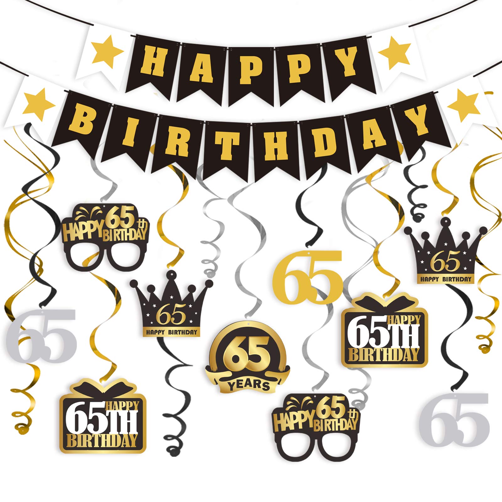 LINGTEER Happy 65th Birthday Decorations Set - Swirl Streamers, Cheers Banner & Hanging Backdrop for 65th Birthday Party Decor | Perfect for Milestone Celebrations, Retirement Parties & Family Gatherings