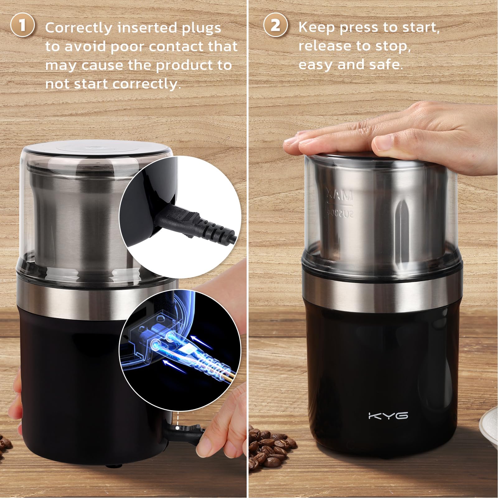 KYG 300W Electric Coffee Grinder - Stainless Steel Blades for Flax Seeds, Peppercorns, Spices & Coffee Beans, 2 Removable Bowls (Wet/Dry Grinding) - Perfect for Kitchen, Camping & Home Brewing