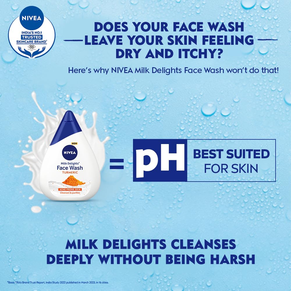 NIVEA Milk Delights Turmeric Face Wash 100ml - Hydrating & Antibacterial with Milk & Turmeric Extract | pH Balanced for All Skin Types | Reduces 99.9% Acne-Causing Bacteria | Perfect for Daily Cleansing & Acne-Prone Skin Care Routine