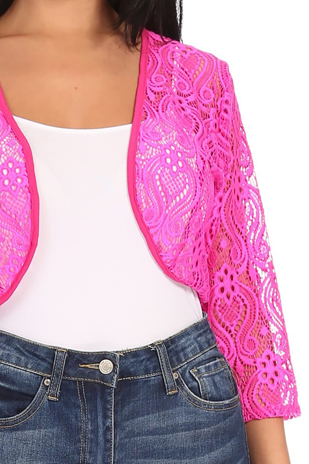 Women's Lace Bolero Crochet Cardigan - 3/4 Sleeve Sheer Cover Up Jacket for Summer Beach Wedding Party Outfit