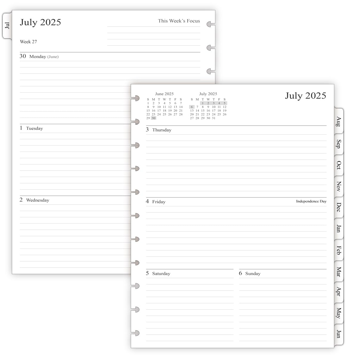 2025-2026 Weekly Planner Refill Pages for 11-Discbound Notebooks | July 2025 - June 2026 Calendar | Monthly Tabs & 11-Disc Punch Holes | Letter Size 8.5