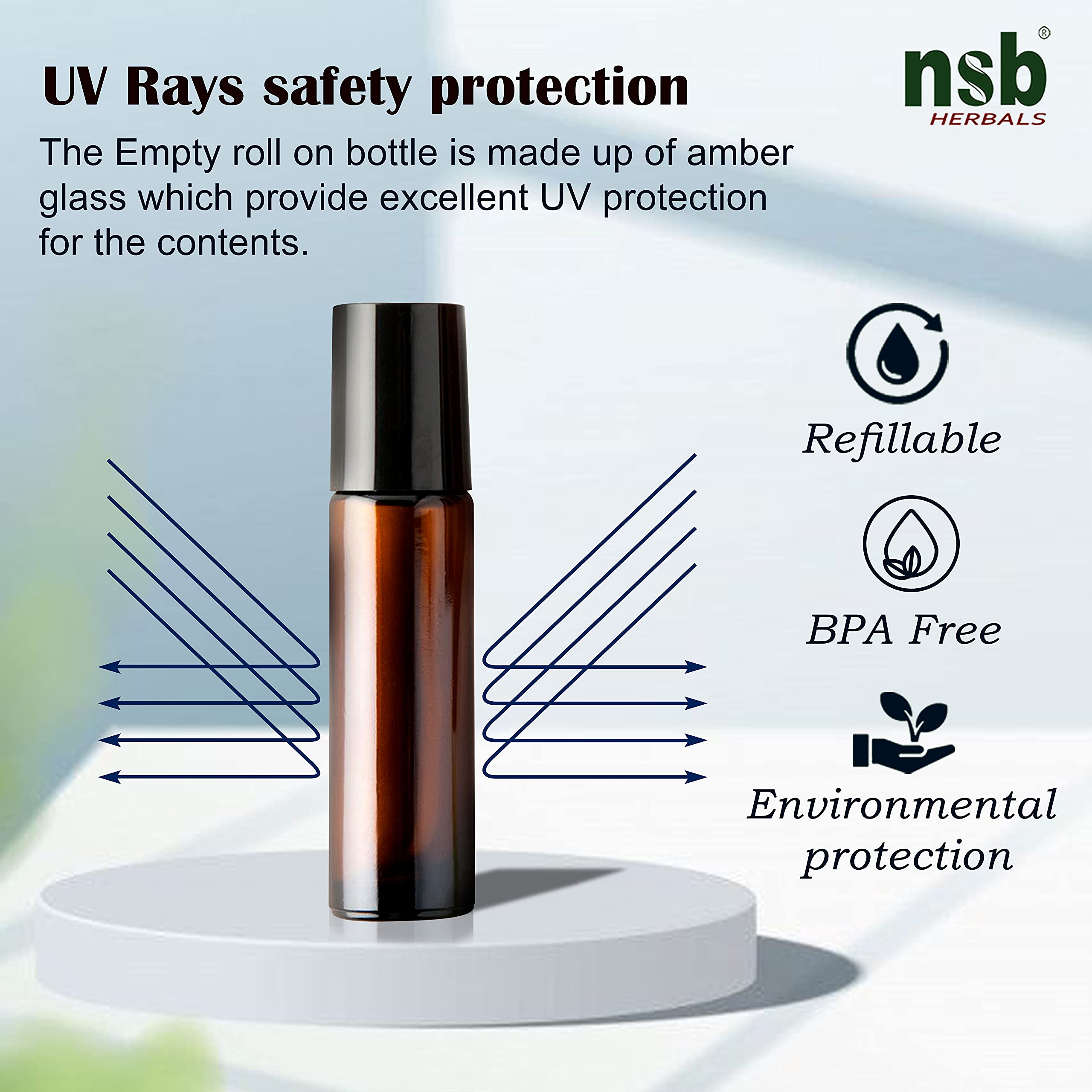 NSB Herbals 10ml Empty Amber Glass Roll On Bottles with Black Cap - Refillable Essential Oil Bottles for Aromatherapy, Perfume, Lip Balm | Perfect for DIY Skincare, Travel & Gift Sets (Pack of 3)