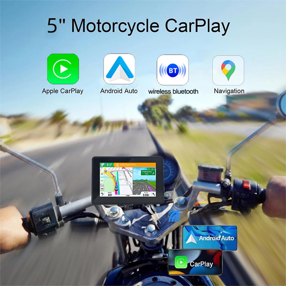 5-Inch Motorcycle GPS Navigator with Wireless CarPlay & Android Auto - 12-24V Waterproof IPX7 Touch Screen, Dual Bluetooth 5.0, WiFi, Built-in Speaker, Mini USB & TF Card Slot - Perfect for Adventure Riding, Commuting & Road Trips