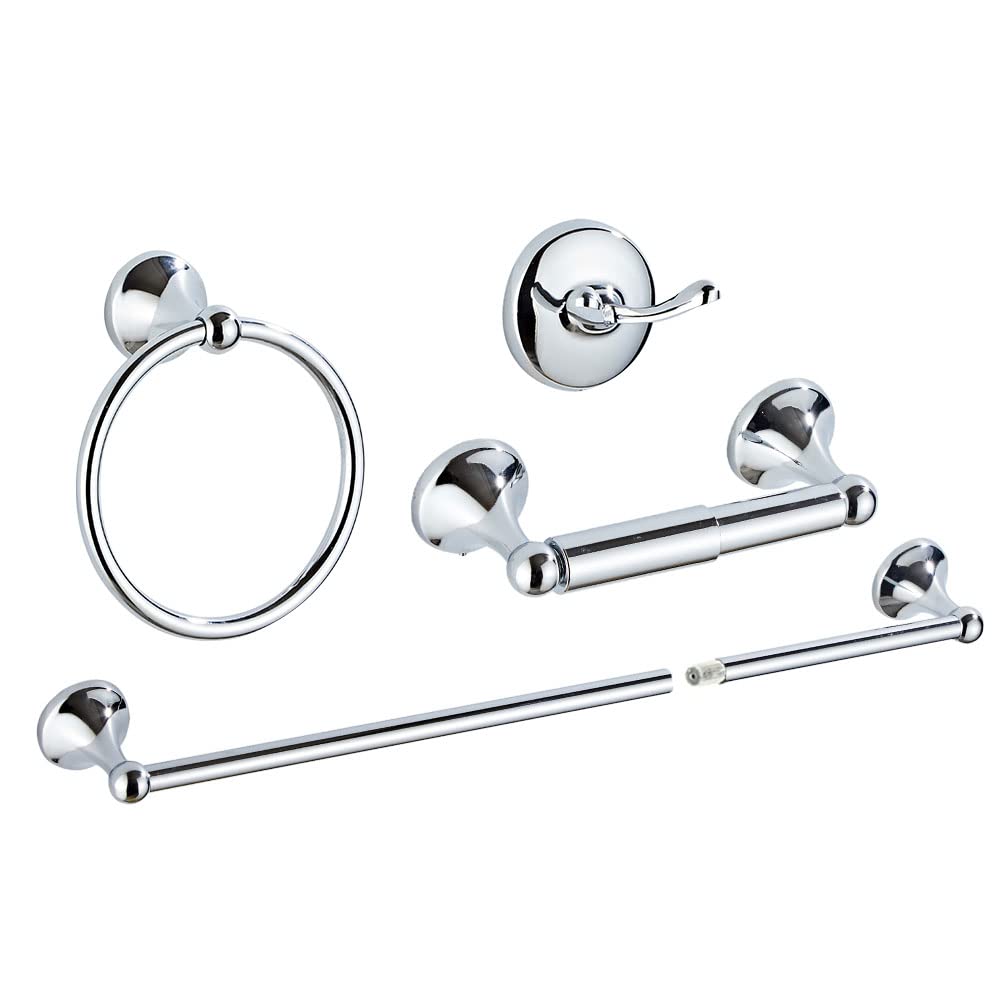 4-Piece Bathroom Accessory Set - Adjustable Towel Bar, Towel Ring, Toilet Paper Holder & Towel Hook - Chrome Wall Mounted Bathroom Hardware for Modern Homes - Perfect for Bathroom Organization & Spa-Like Decor