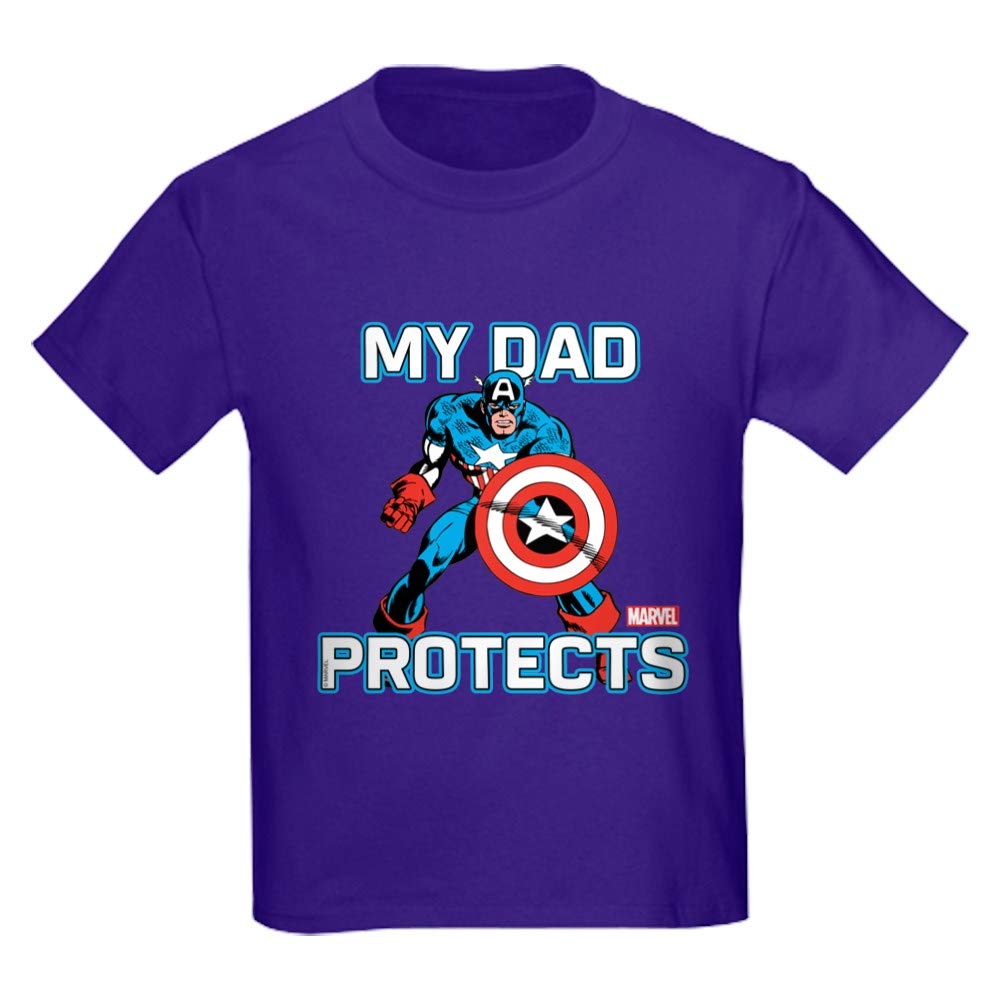 Captain America Youth Kids Tee - My Dad Protects Superhero T-Shirt for Boys | Marvel Avengers Graphic Cotton Shirt | Birthday Gift, Cosplay, School Outfit