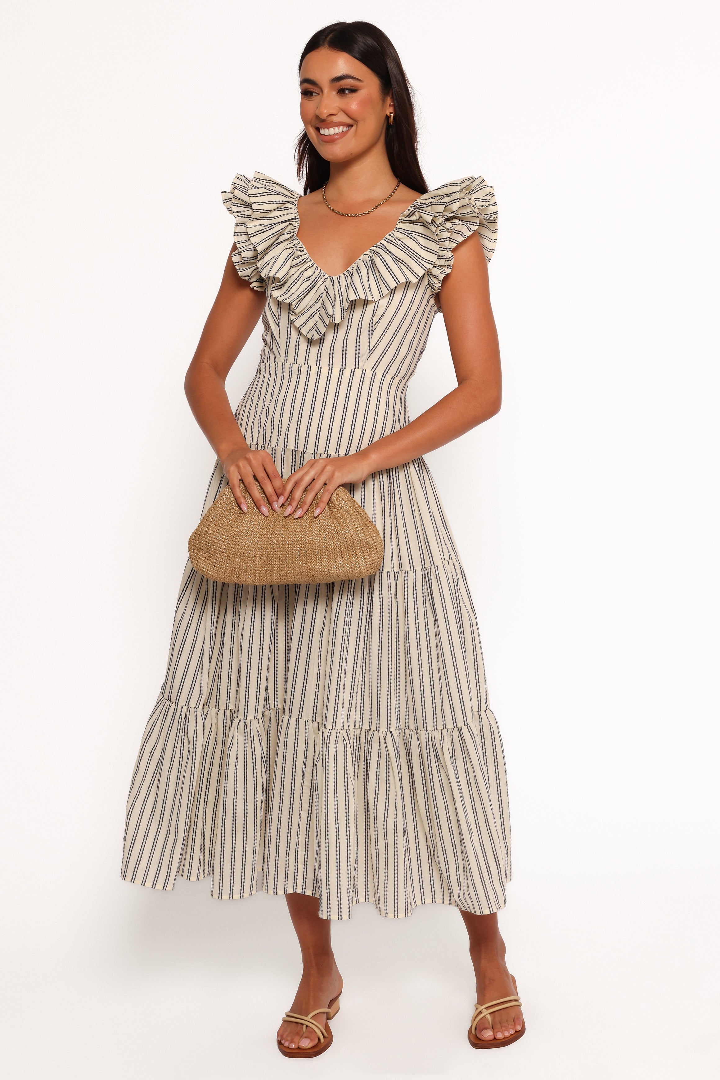 Bobbie Midi Dress - Neutral Stripe Flowy Summer Dress for Women | Casual Beach Wear & Party Outfit