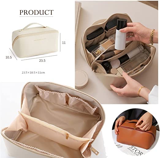 Large Capacity Waterproof Leather Makeup Bag Organizer - Travel Cosmetic Case for Women (Cinnamon Milk) | Perfect for Air Travel, Gym Essentials & Daily Beauty Storage