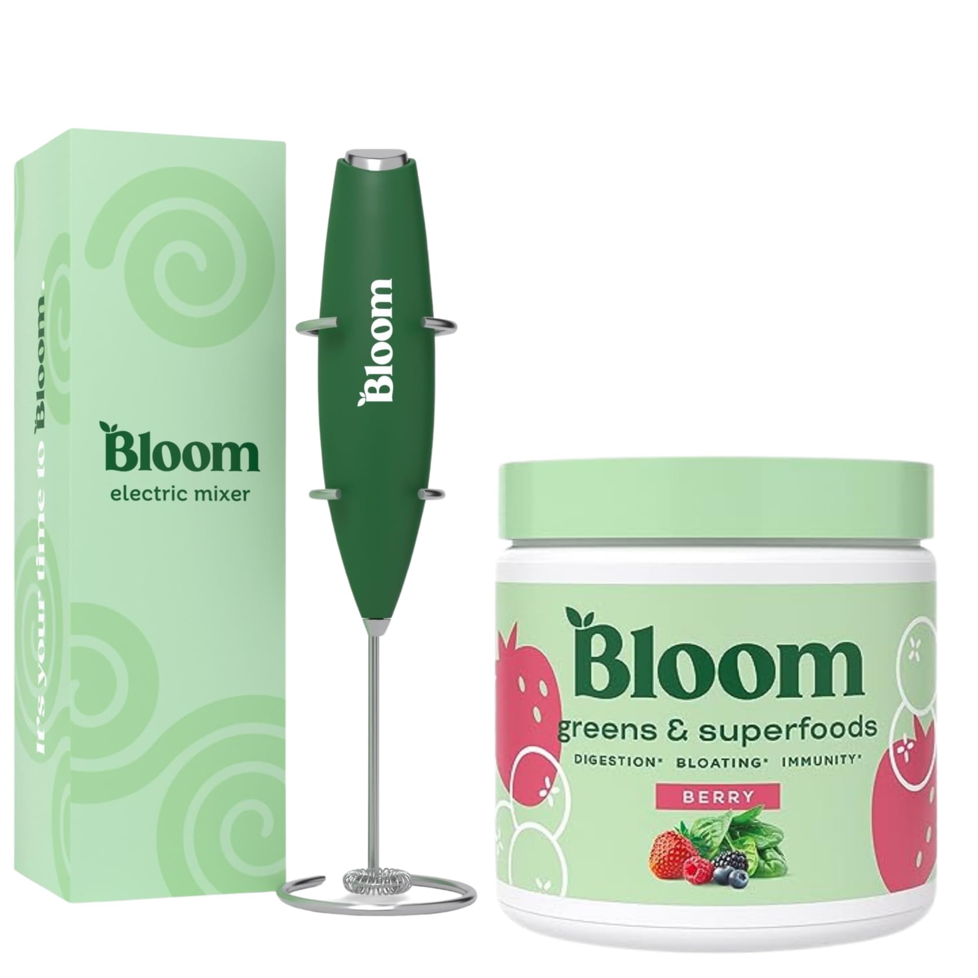Bloom Nutrition Superfood Greens Powder with Digestive Enzymes, Probiotics & Prebiotics - Supports Gut Health, Reduces Bloating - Berry Flavor - Includes High-Powered Milk Frother Hand Mixer - Perfect for Smoothies, Shakes & Healthy Morning Routines