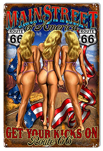 Vintage Metal Sign - Main Street Pin Up Girls Route 66 Retro Tin Sign (12x8 Inch) for Home, Farmhouse, Bar, Restaurant & Man Cave Decor - Perfect for Kitchen, Pub, Chicken Coop & Country Style Decoration