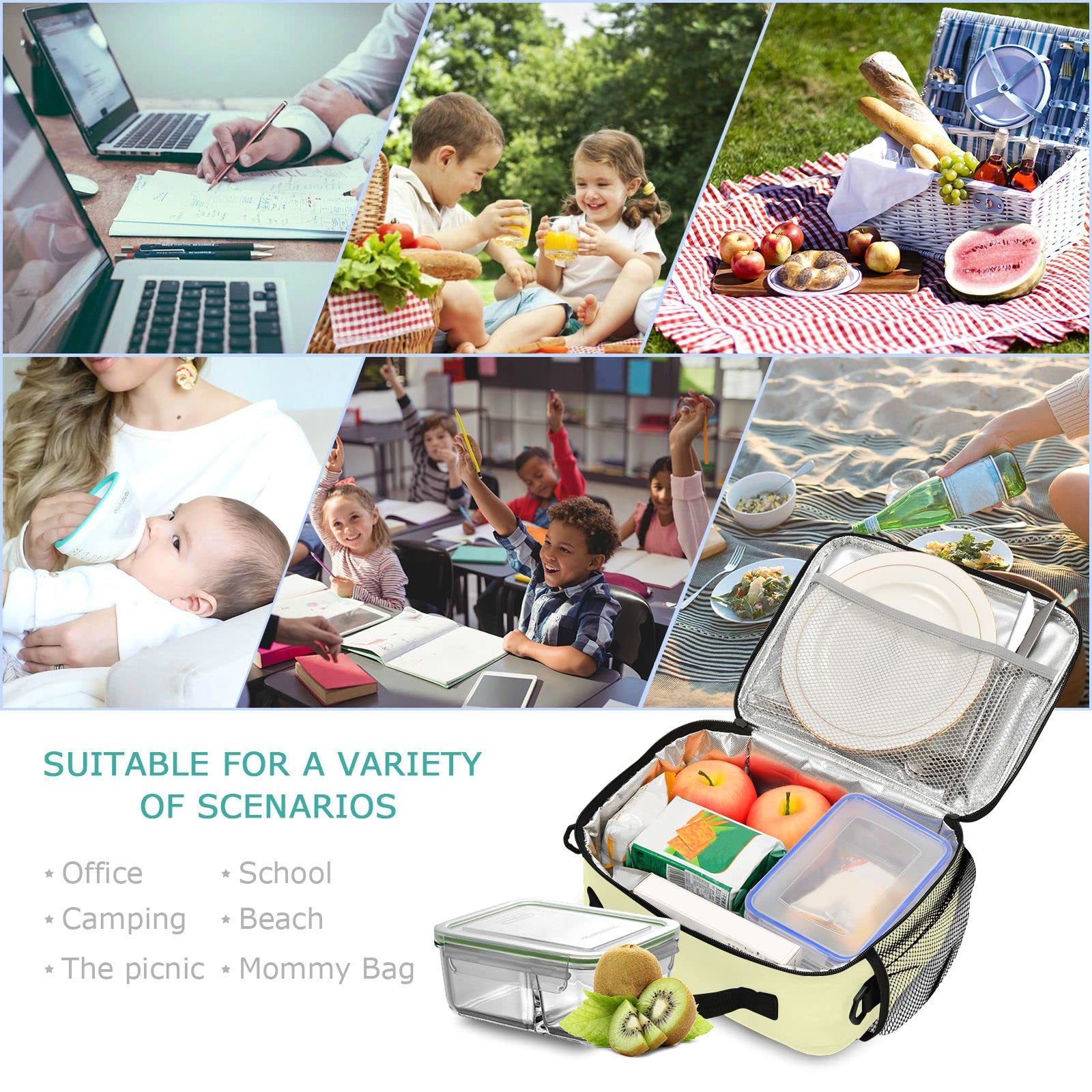 Light Yellow Insulated Reusable Lunch Box for Kids - Eco-Friendly School Lunch Bag for Boys & Girls, Perfect for Students, Women & Men - Ideal for School, Work, Picnics & Outdoor Activities