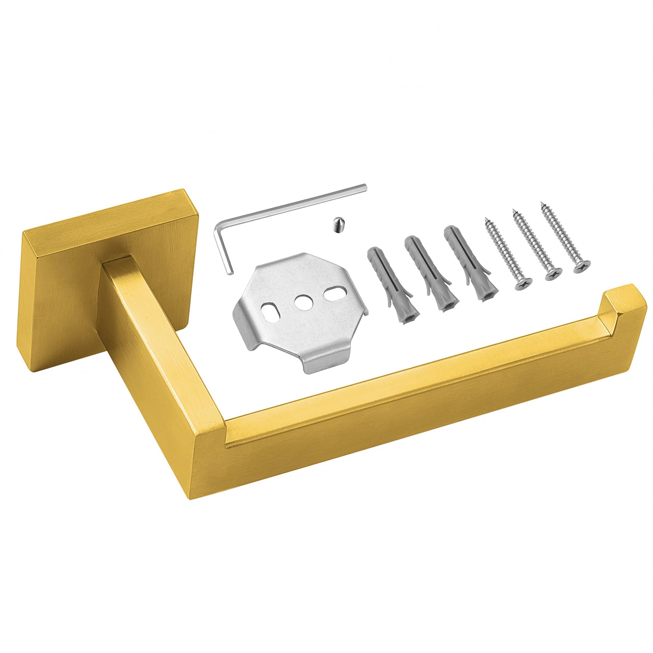 HITSLAM Brushed Gold Brass Toilet Paper Holder - Premium 304 Stainless Steel Wall Mount Bathroom Tissue Roll Holder - Rustproof Square Design for Modern Home & Luxury Hotel Bathrooms