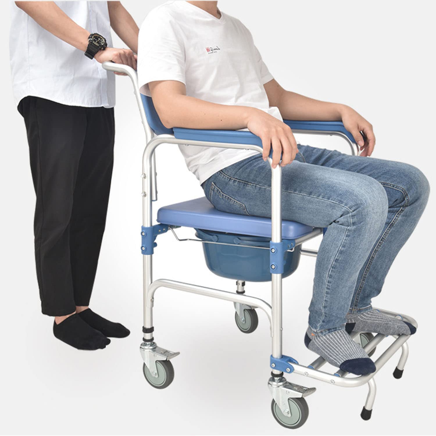 Ybaymy Rolling Shower Commode Chair - 330lbs Weight Capacity Wheelchair with Locking Wheels & Padded Seat for Elderly & Disabled - Ideal for Bathroom Safety, Mobility Assistance & Home Care