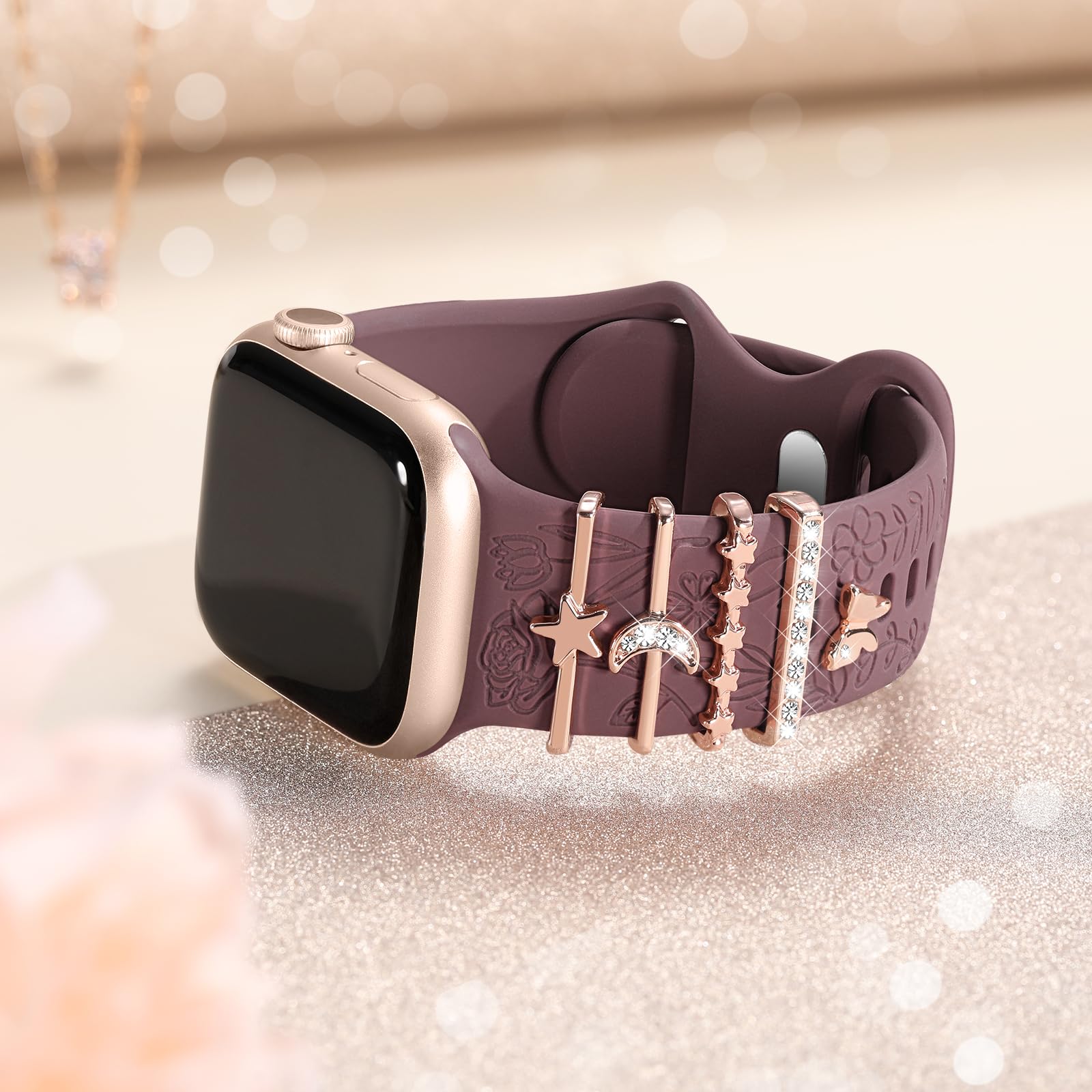 DaQin Floral Engraved Apple Watch Band - Soft Silicone Strap with Charms for Women, Compatible with Apple Watch Series 9/8/7/6/5/4/3/2/1/SE (38mm 40mm 41mm 42mm 44mm 45mm) - Perfect for Workouts, Office Wear & Everyday Fashion Accessory