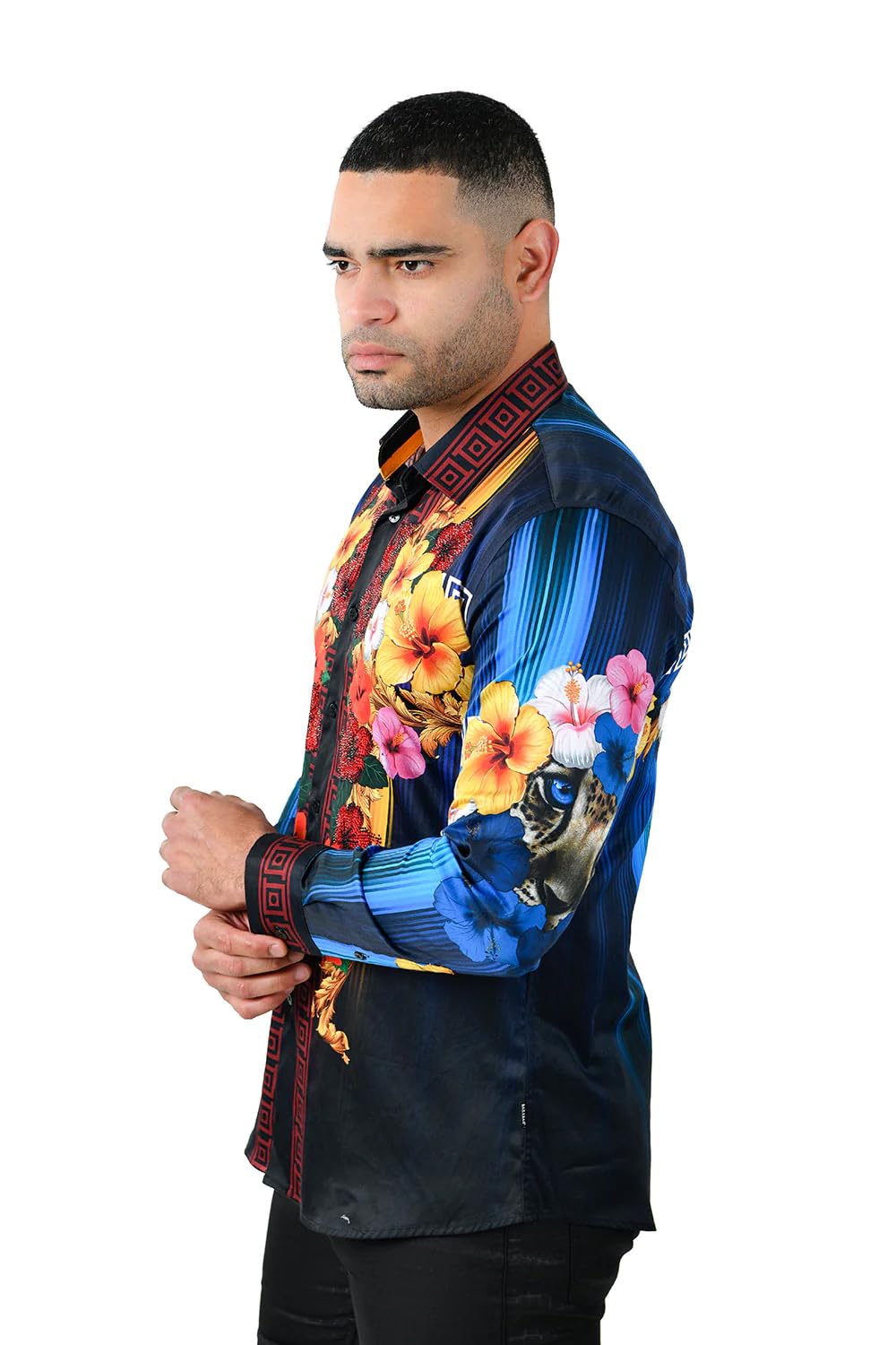 Barabas Men's Rhinestone Floral Tiger Greek Pattern Shirts - Stylish Casual Button Down Shirt for Party, Club & Night Out - SPR612