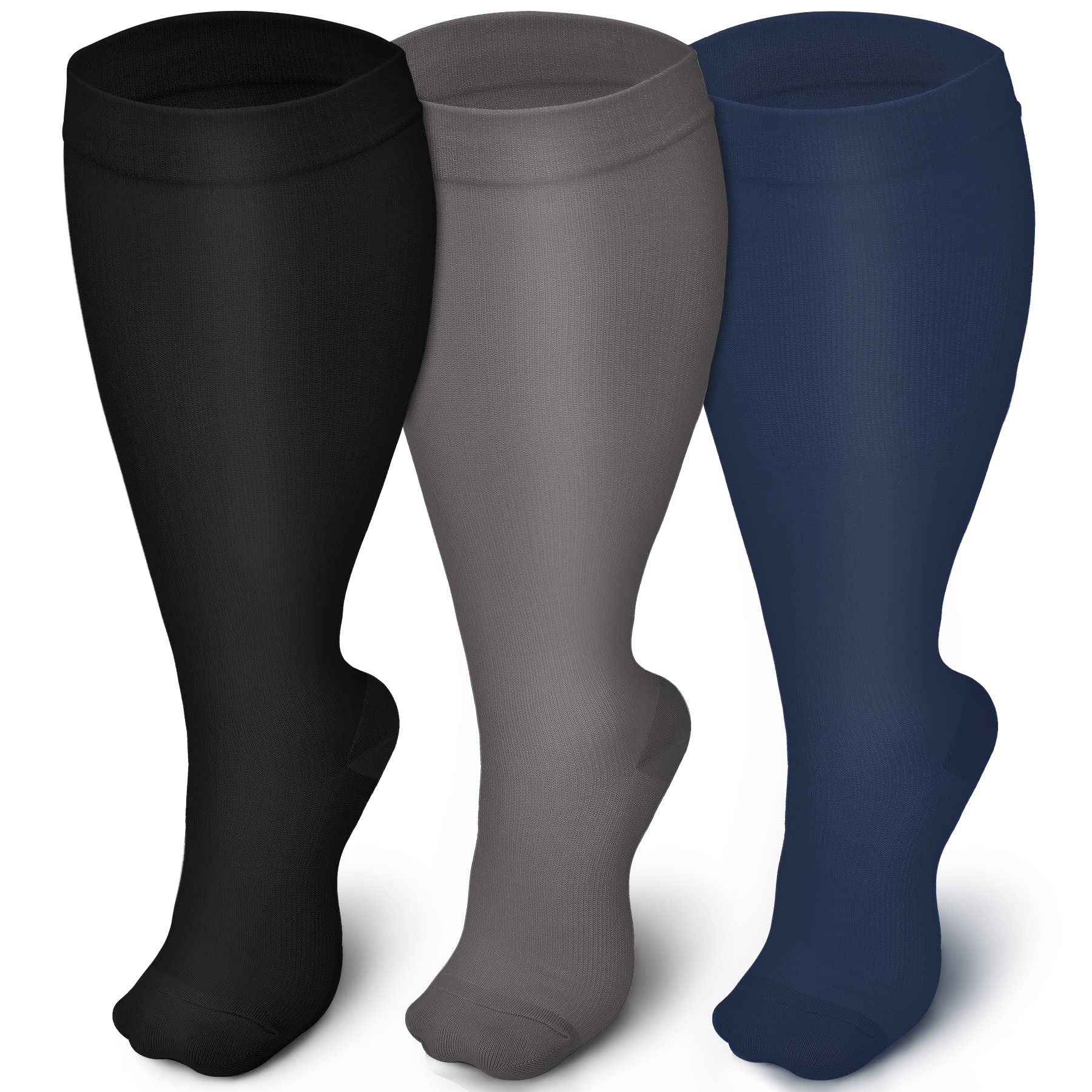 **Iseasoo Plus Size Compression Socks for Men & Women - 3 Pairs Wide Calf Support Stockings for Circulation, Nurses, Running, Travel & Work - Improve Blood Flow & Reduce Swelling**