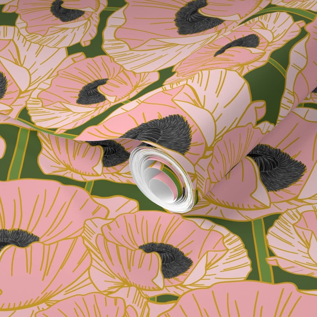 Removable Wallpaper Swatch - Pink Poppy Black Green Floral Art Nouveau Design | Pre-Pasted Peel & Stick Wallpaper by Spoonflower | Perfect for Nursery, Bedroom, or Home Office Decor