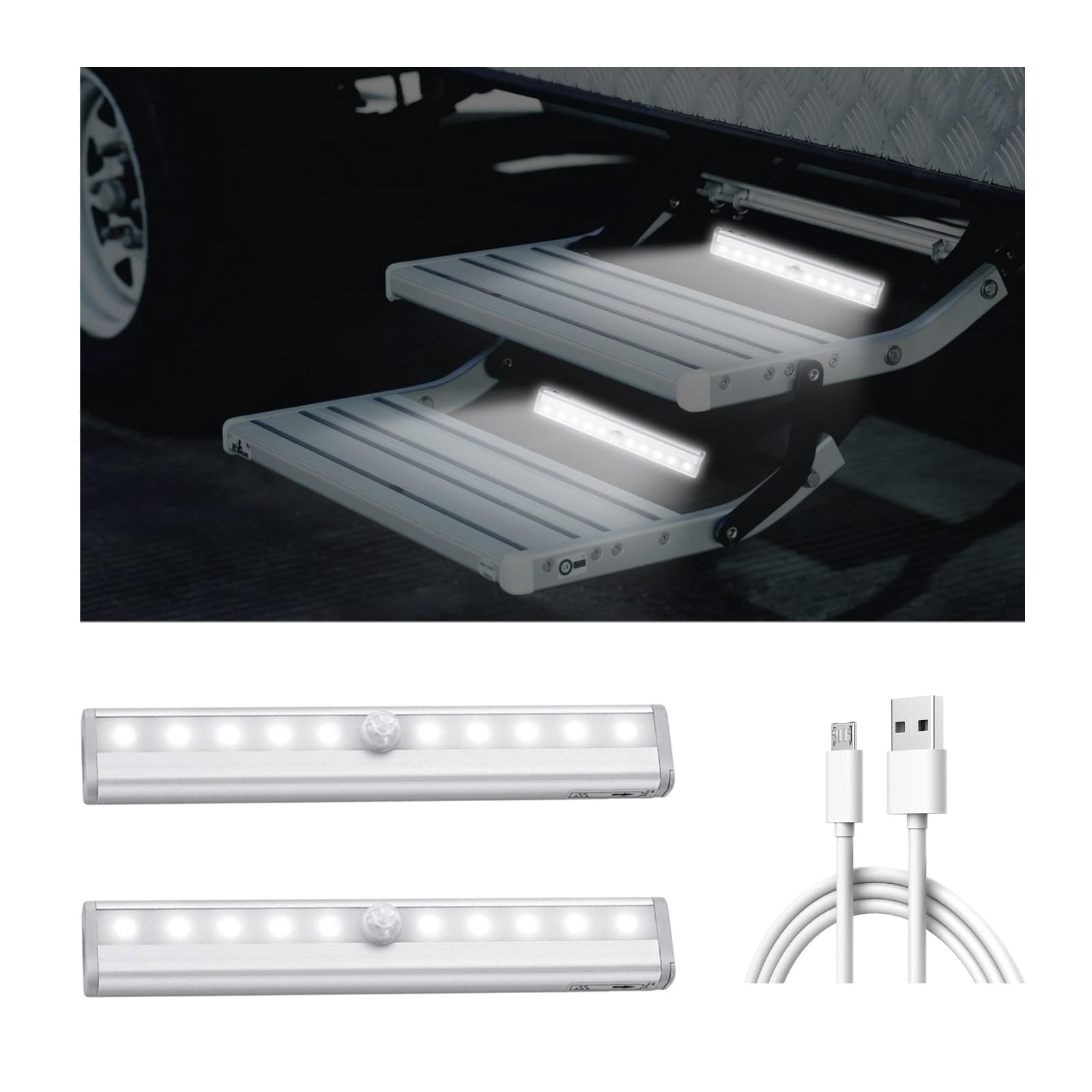 Ziciner 2PCS Motion Activated RV Step Lights - 10 LED Rechargeable Magnetic Sensor Light Bars for Motorhomes, Trailers & Campers | High Brightness LED Strip for Night Safety & Convenience | Perfect for Outdoor Camping, Road Trips & RV Living