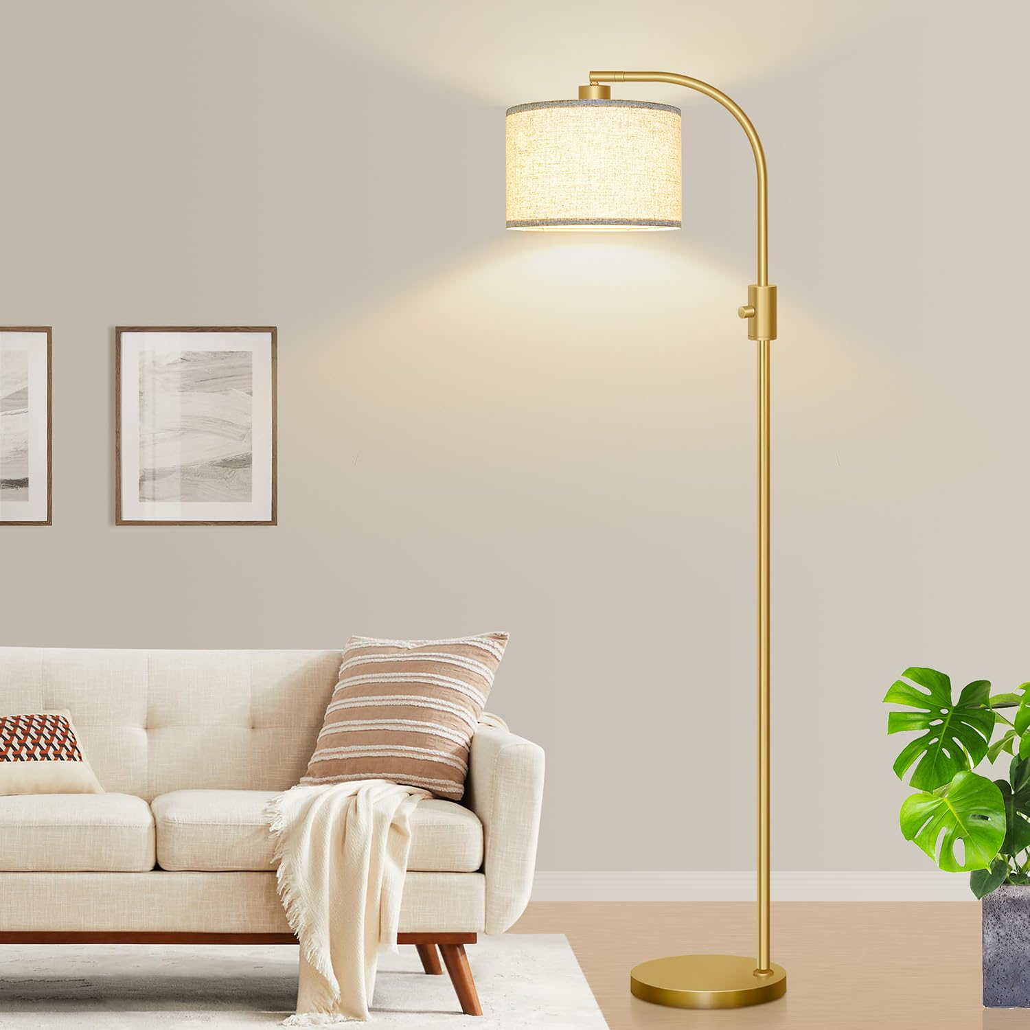 Upgraded Dimmable Gold Floor Lamp with 1200 Lumens LED Bulb - Modern Arc Standing Lamp with Linen Shade for Living Room, Bedroom, Office, Nursery - Perfect for Reading, Relaxing & Home Decor
