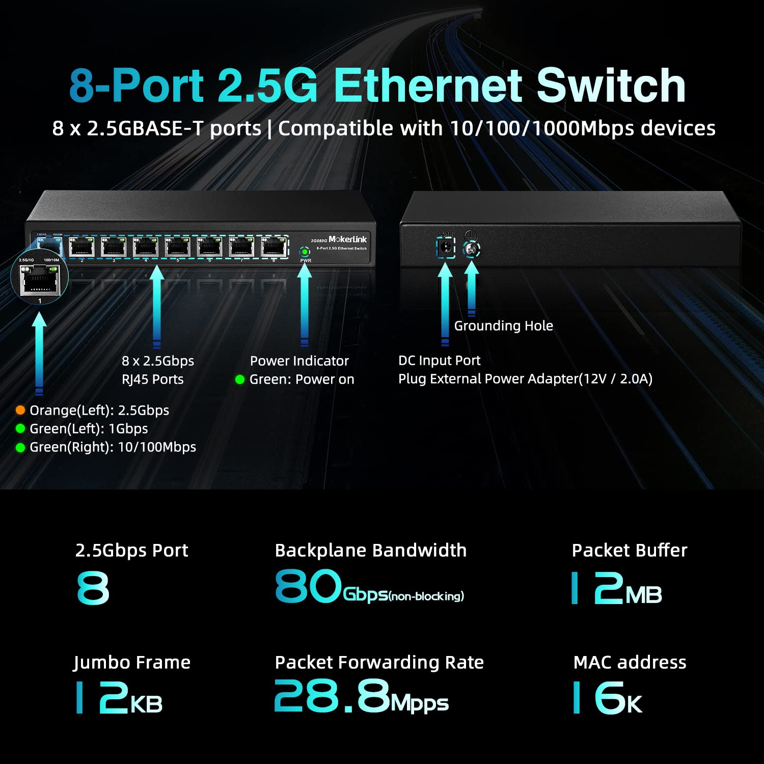 MokerLink 8-Port 2.5G Ethernet Switch - 8 x 2.5GBASE-T Ports, 10/100/1000Mbps Compatible, Metal Unmanaged Fanless Network Switch for Home Office, Gaming & Media Streaming